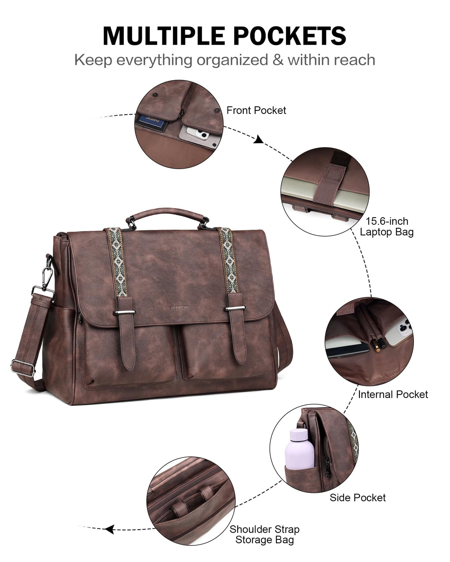 FADEON Messenger Bag for Women, Designer Leather Satchel Backpack Purses Large Laptop Briefcase Multi Pocket Shoulder Bags