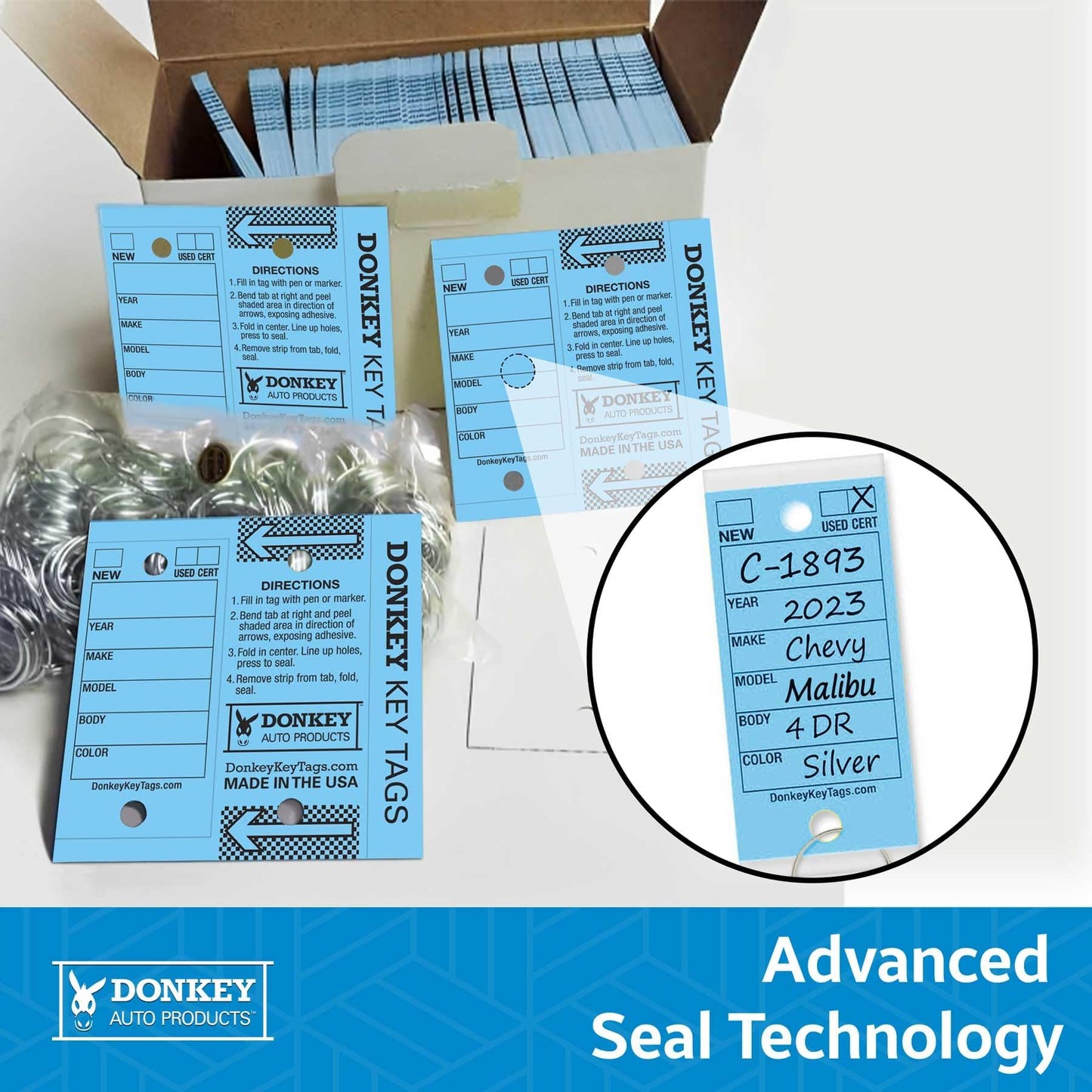 Donkey Key Tags, Laminated Self-Protecting (250 Tags per Box with Metal Rings) (Blue)