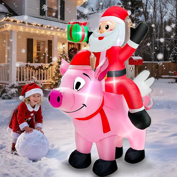 6 Ft Christmas Inflatable Outdoor Decoration, Blow Up Santa Claus Riding Flying Pig with Built in LEDs Lights,Christmas Inflatables with Gift Box for Farm Yard Garden Lawn Outside Indoor Holiday Party