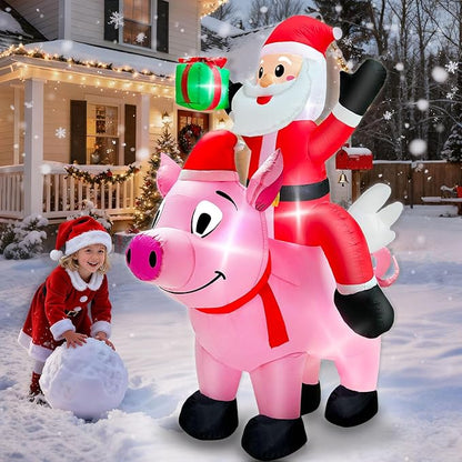 6 Ft Christmas Inflatable Outdoor Decoration, Blow Up Santa Claus Riding Flying Pig with Built in LEDs Lights,Christmas Inflatables with Gift Box for Farm Yard Garden Lawn Outside Indoor Holiday Party
