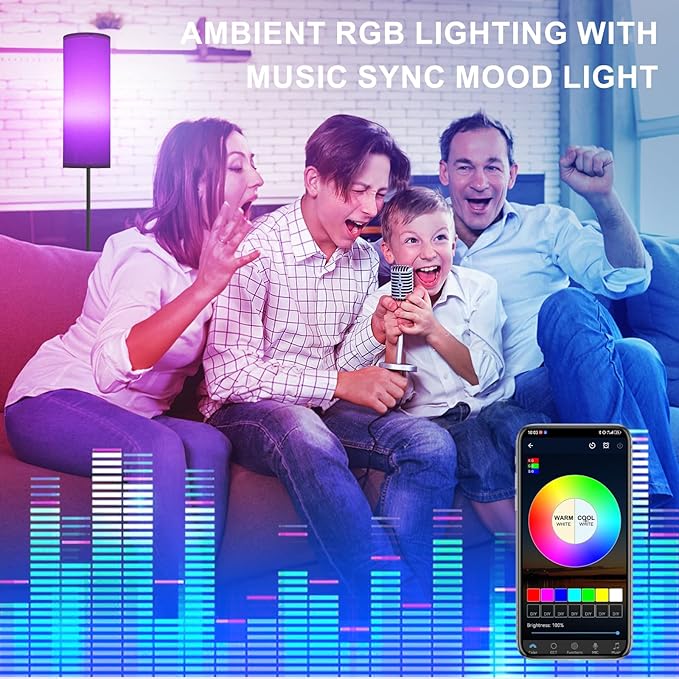 FRIDEKO HOME Floor Lamp, Color Changing Ambient Lighting for Living Room & Gaming Decor, Smart Standing Lamp with App & Remote Control, Tall Corner Lamp for Bedroom, 9W 800LM, Foot Switch, White Shade