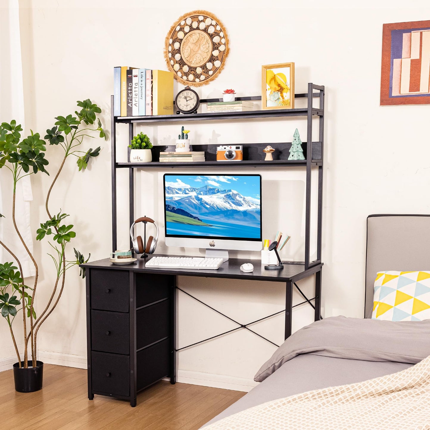 Aquzee Computer Desk with Drawers, 47 inch Desk Hutch, Gaming Desk with Storage Shelves, Power Outlets & Bookshelves, Study Writing Desks for Bedroom Living Room Home Office, Black