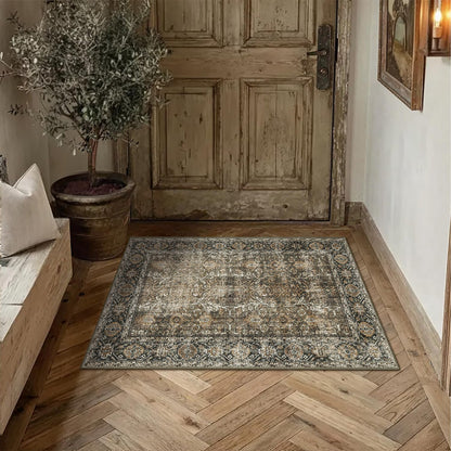PureCozy Brown Entryway Rug 2x3 Vintage Area Carpet Indoor Kitchen Washable Door Mat Living Room Entrance Small Low Pile Traditional Distressed Retro Accent Throw Rug Non Slip Office Bathroom