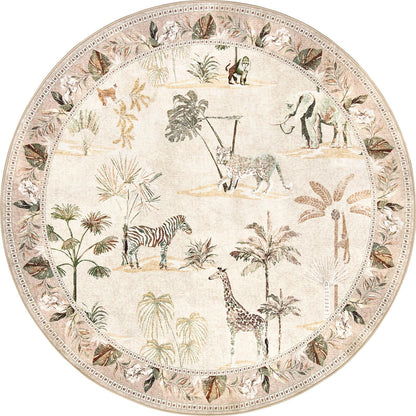 jinchan Round Rug 5ft Beige Jungle Animals Print, Machine Washable 5' Circle Modern Soft Non-Slip Forest Plant Throw Area Rug, Ultra-Thin Low Pile Carpet for Entryway Bedroom Kitchen Kids Room
