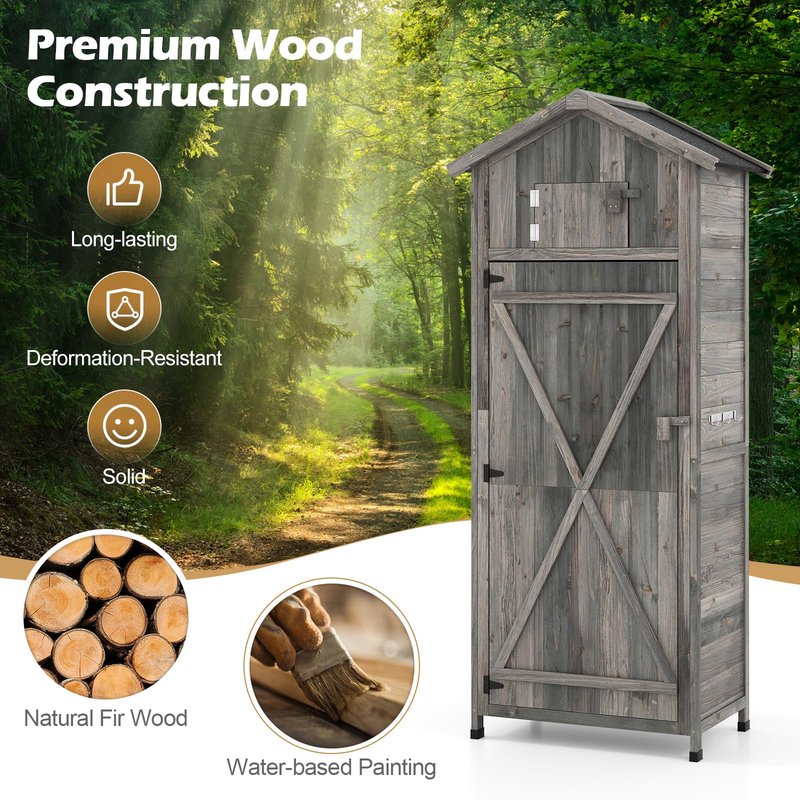 IRONMAX Outdoor Wooden Storage Shed, 70 Inches Outside Vertical Tool Storage Cabinet w/Folding Table & Removable Shelves, Tall Wood Garden Shed for Patio, Deck, Backyard, Lawn (Grey, 30“x20”x70”)