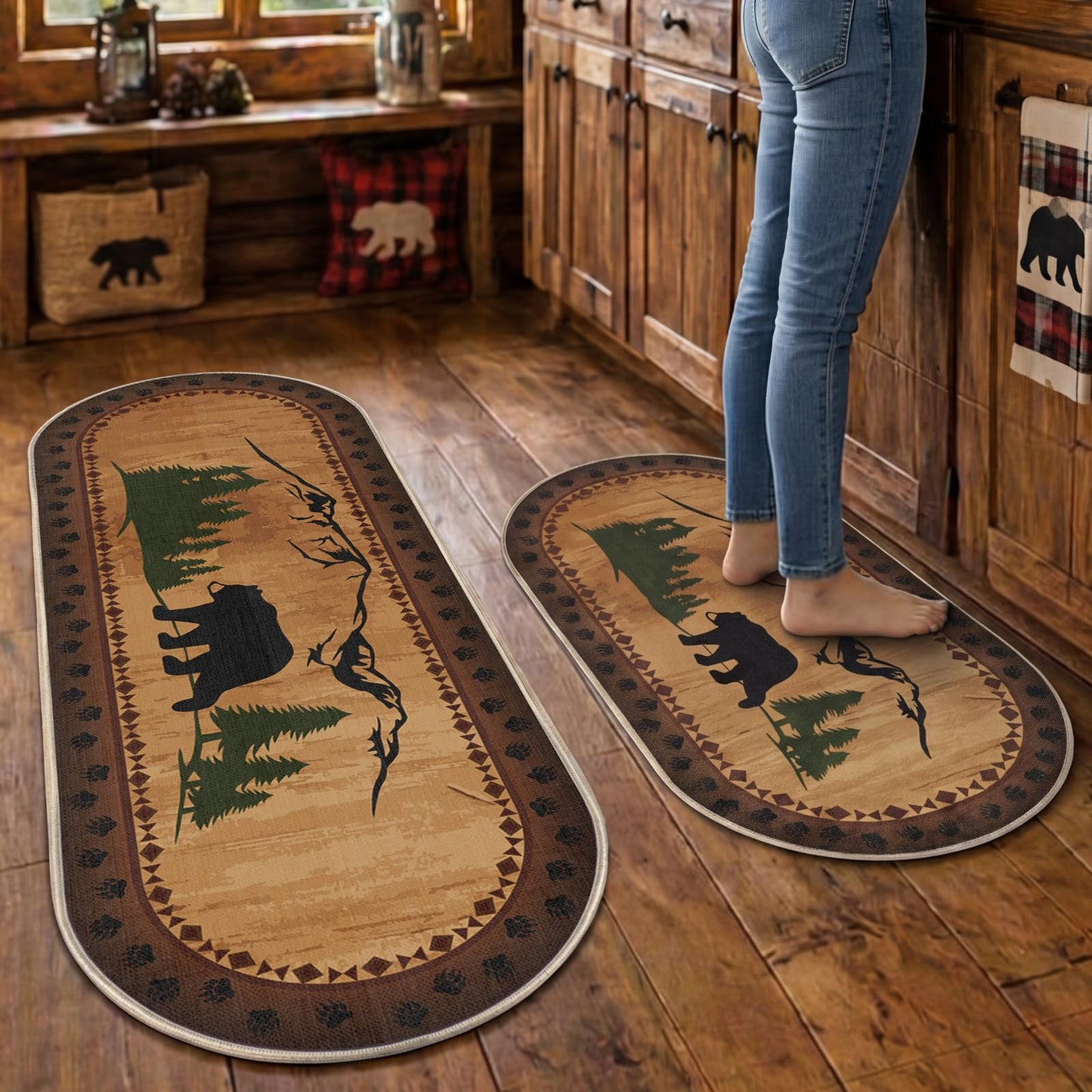 2 Pcs Bear Non Skid Rug Rustic Lodge Theme Area Rug with Bear and Cub Scene Cabin Rug Bear Farmhouse Rug Winter Kitchen Cabin Rug Christmas Bear Decor for Home Bathroom Bedroom Living Room