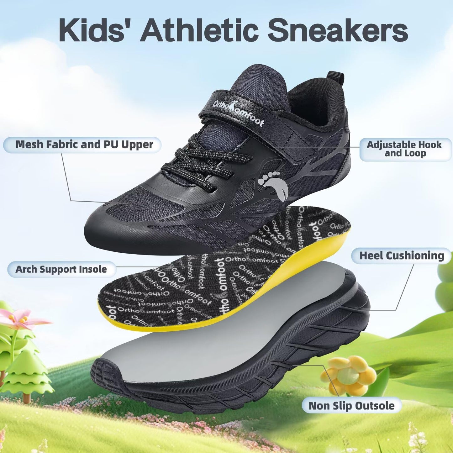 Boys Girls Kids Walking Shoes Arch Support: Orthopedic High Arch Orthotic Plantar Fasciitis Running Gym Sneakers, Supportive Athletic Lightweight Neuropathy Pain Relief Walking Shoes Black Big Kid 5