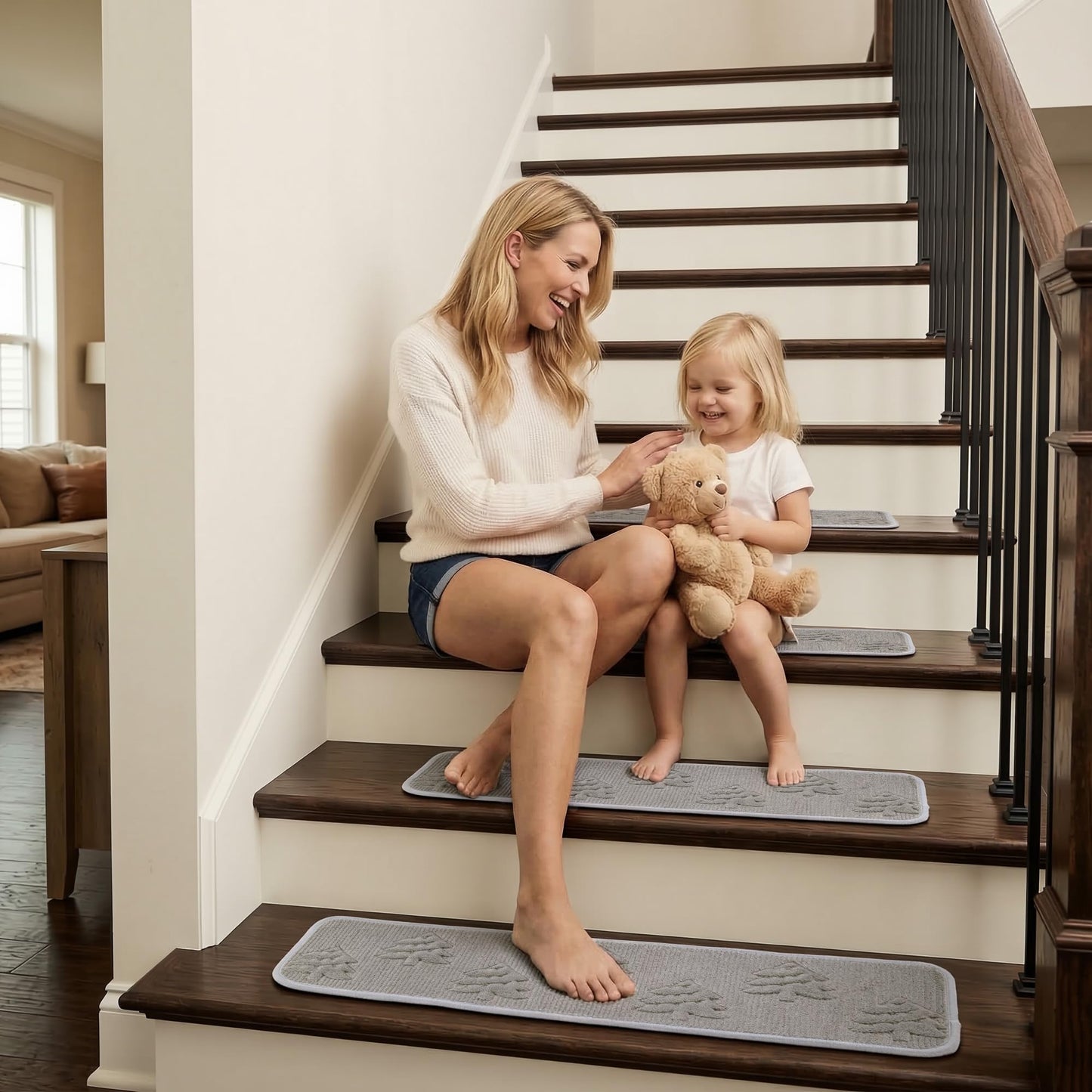 Peel and Stick Stair Treads for Wooden Steps 15 Pack 8x30 Inch, Staircase Step Treads 3D Embroidery Soft Plush Stair Runners with Silicone Grip Backing, Friendly Anti Alip Stair Treads for Dogs Greige