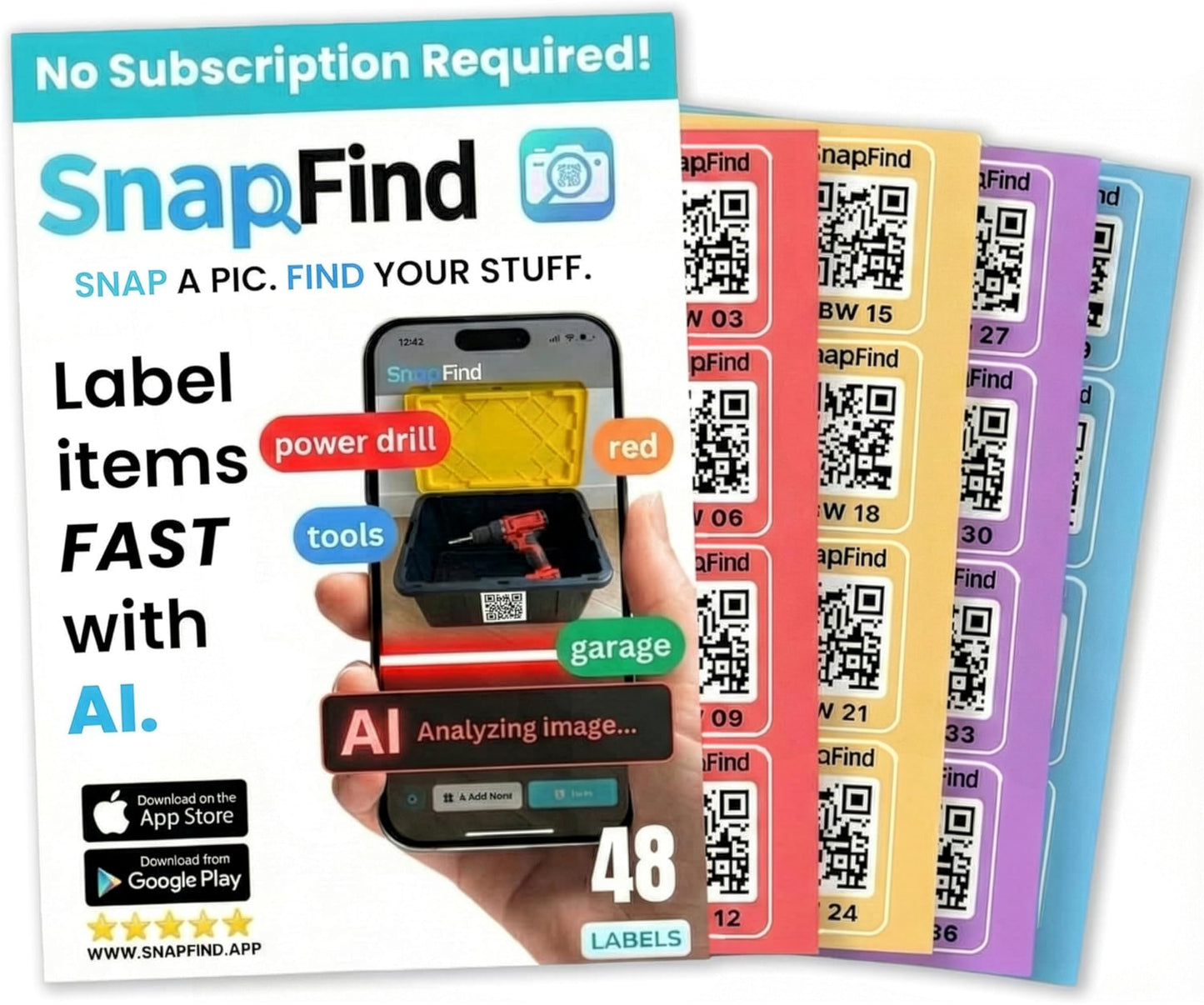 SnapFind Smart QR Code Labels – AI Auto-Labeling, No Typing! Storage Bins & Moving Containers – iOS and Android App – 48 Color-Coded Stickers (2.5" x 2.5")
