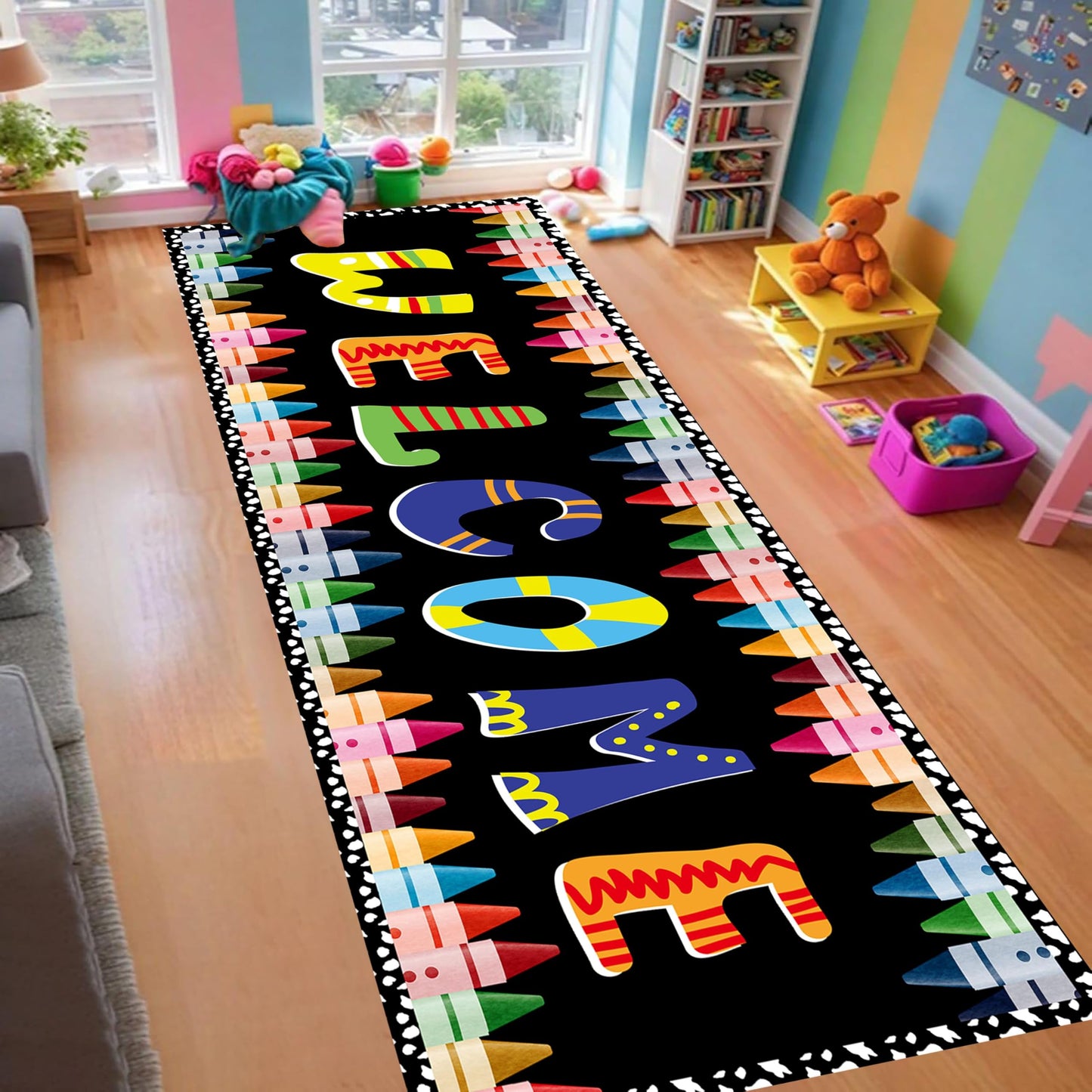 Colorful Kids Rugs for Bedroom, 2x6ft, Cartoon Vibrant ABC Welcome Crayons Back to School Runner Rug, Non Slip Lightweight Cute Rainbow Carpet for Preschools Elementary Schools