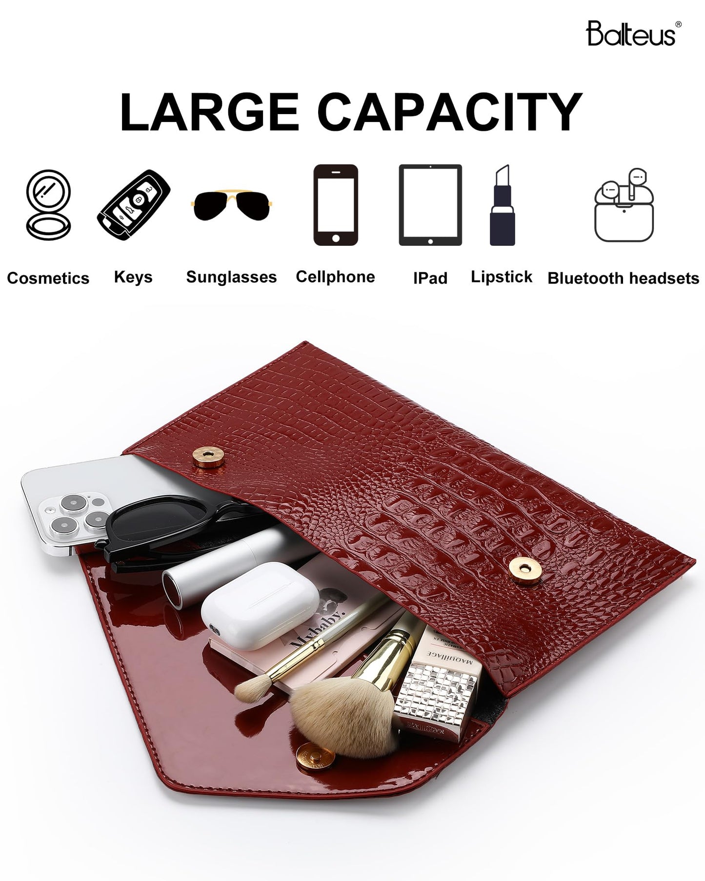 Balteus Burgundy Clutch Evening Bags for Women, Croc-Embossed Metallic Handbags, Trendy Envelope Purse for Prom, Formal Party & Wedding Guest
