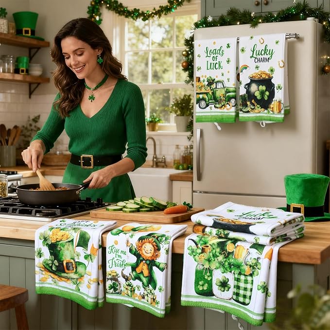 Breling Set of 6 St. Patrick's Day Kitchen Towels Shamrock Green Dish Towel