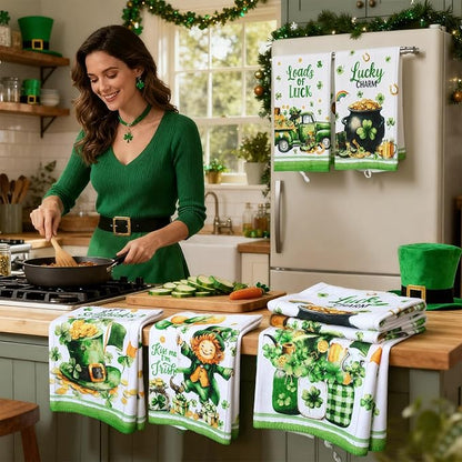 Breling Set of 6 St. Patrick's Day Kitchen Towels Shamrock Green Dish Towel