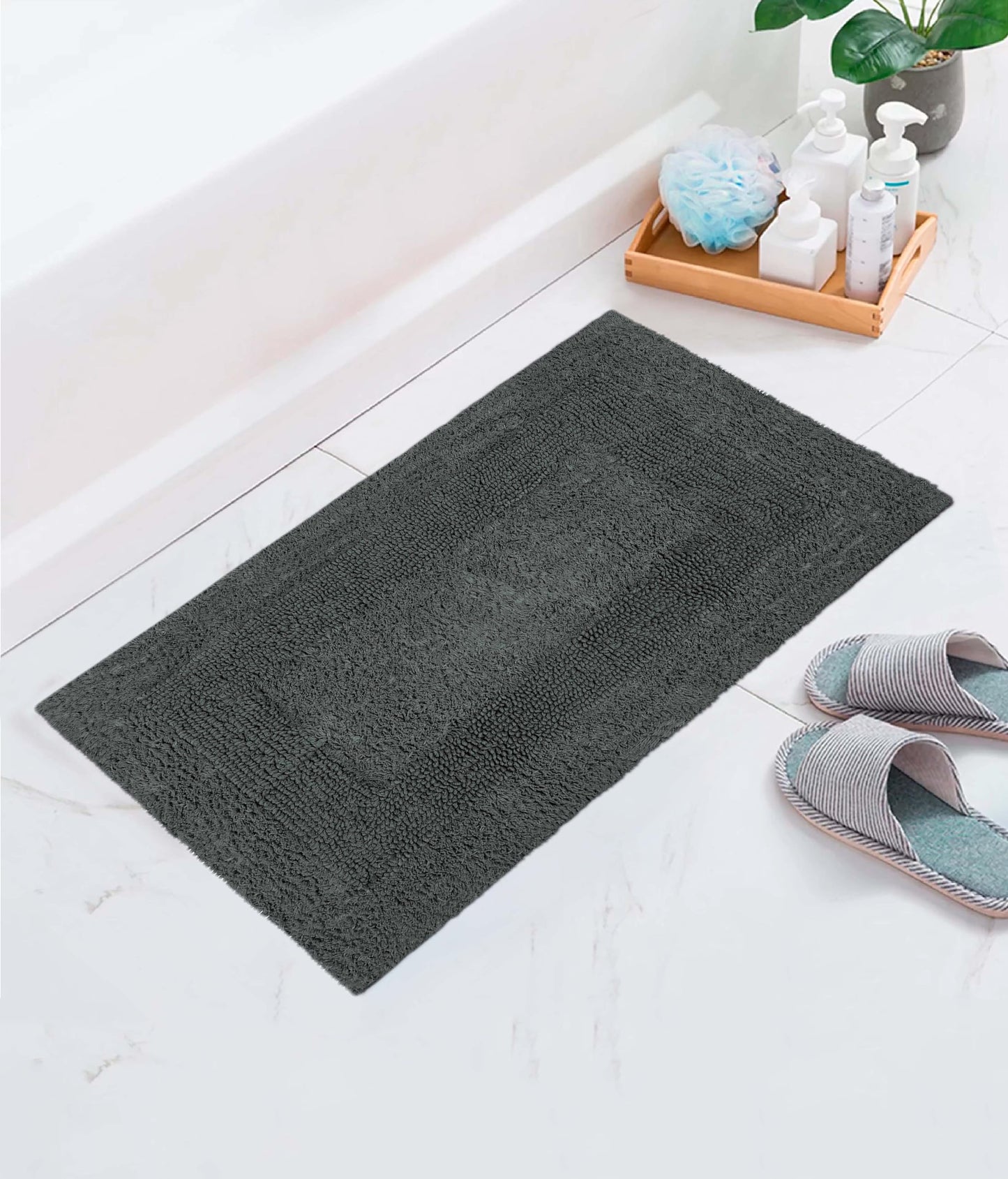 COTTON CRAFT Luxurious Bath Mat Rug - Set of 2 Reversible Heavyweight Step Out Bath Mats for Bathroom Floor, Tub and Shower - Pure Cotton Soft Plush Absorbent Hand Tufted Mat - 17 x 24 - Charcoal Grey
