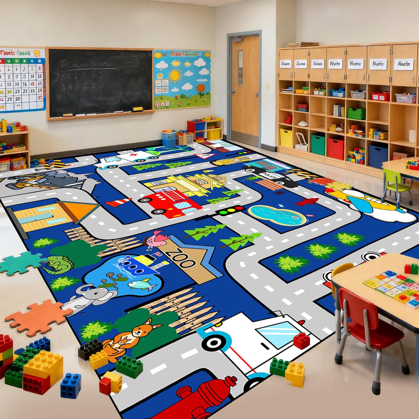 Car Rugs for Kids 6x9 Feet - Large Car Road Rug for Playroom Kids Carpet Playmat Rug City Life Road Map Carpets Classroom Nursery Kid Play Rugs, Blue