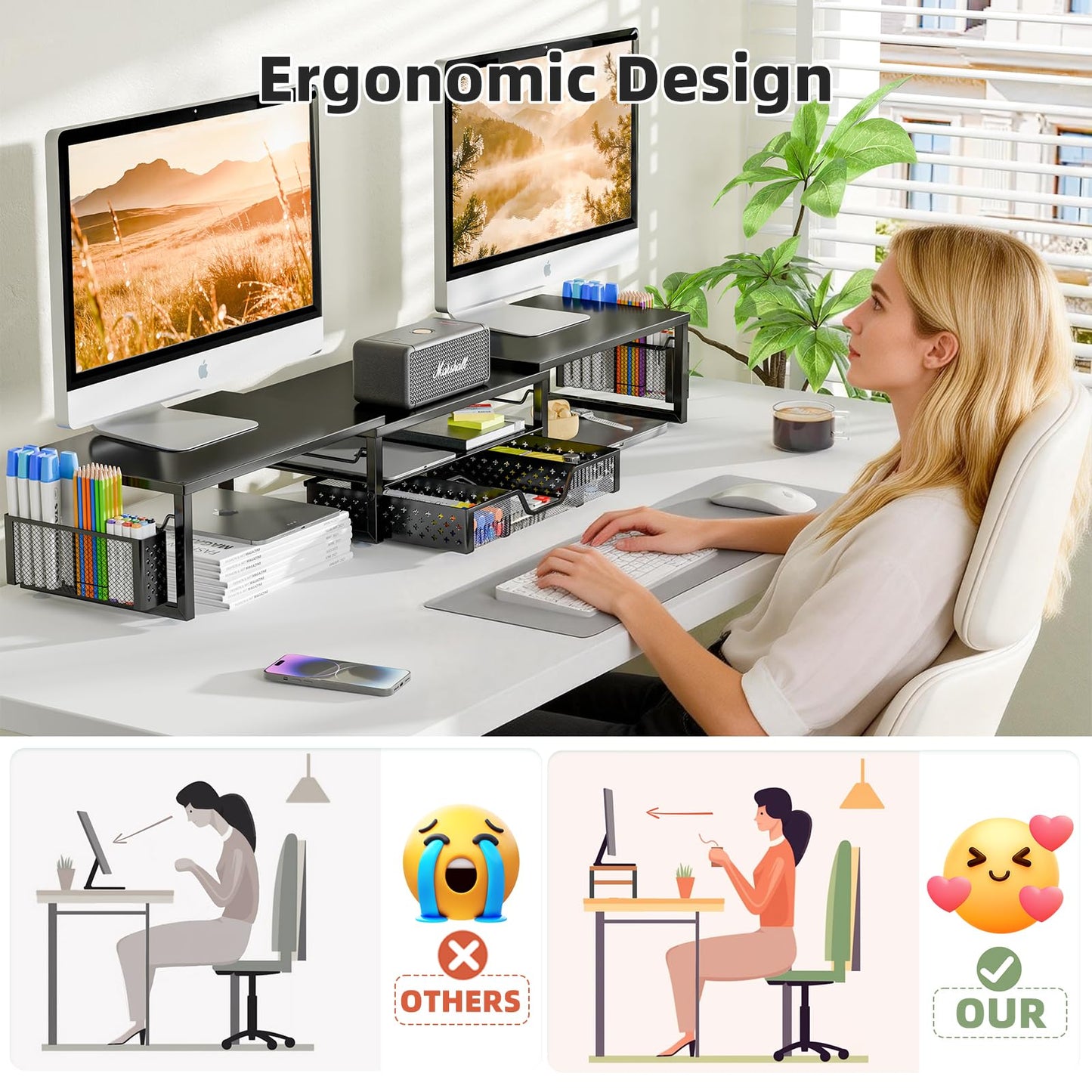 Simple Trending Desk Organizers and Accessories, Dual Monitor Stand Riser with Drawer and 2 Pen Holder, Shelf for Top of Desk, Black