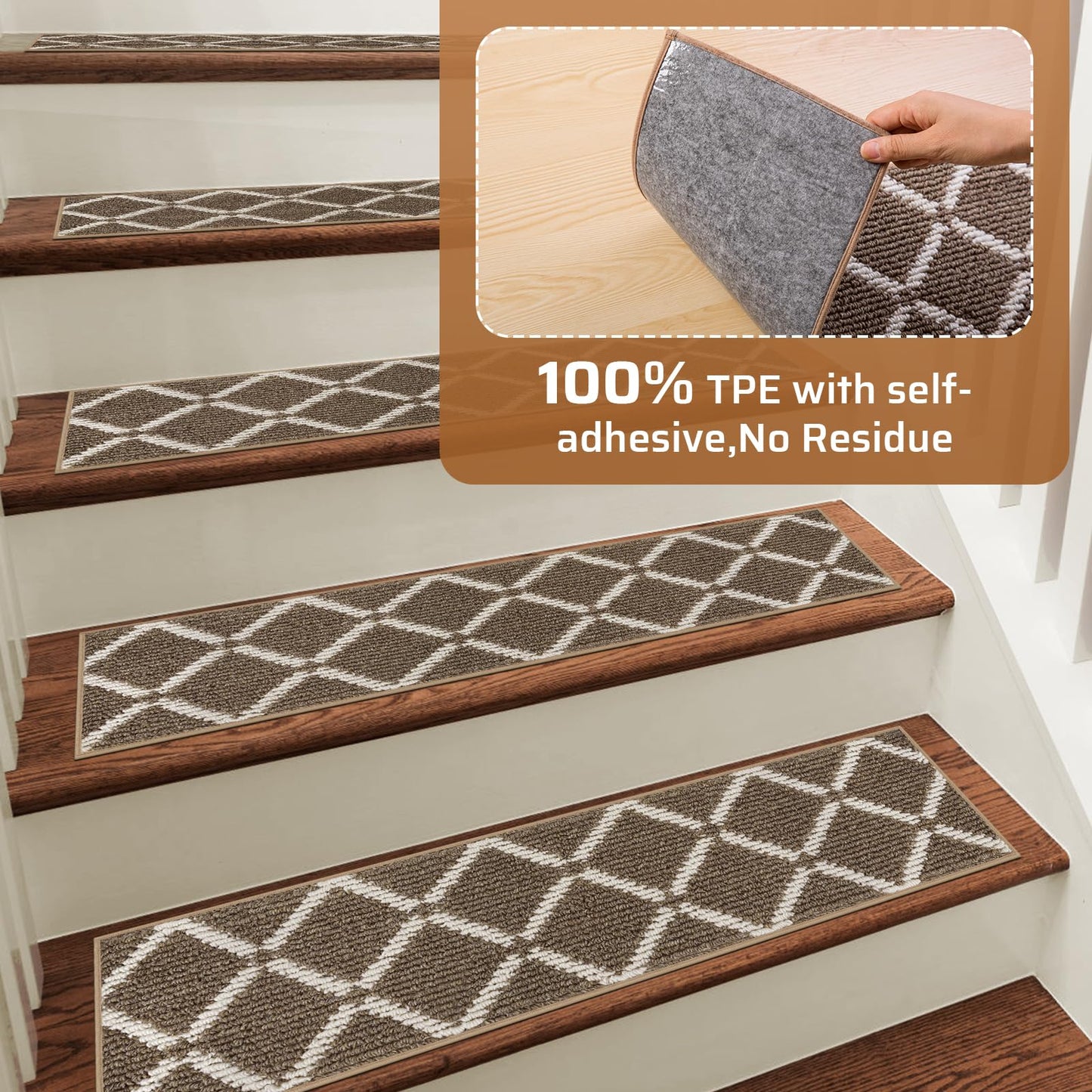 CrystalMX Stair Treads Non Slip for Wooden Steps Indoor, 15 Pack 8" X 30" Carpet Runners for Wood Stairs with Self-Adhesive Backing, Stickiness Stair Rugs for Kids Elders and Dogs, Square Brown