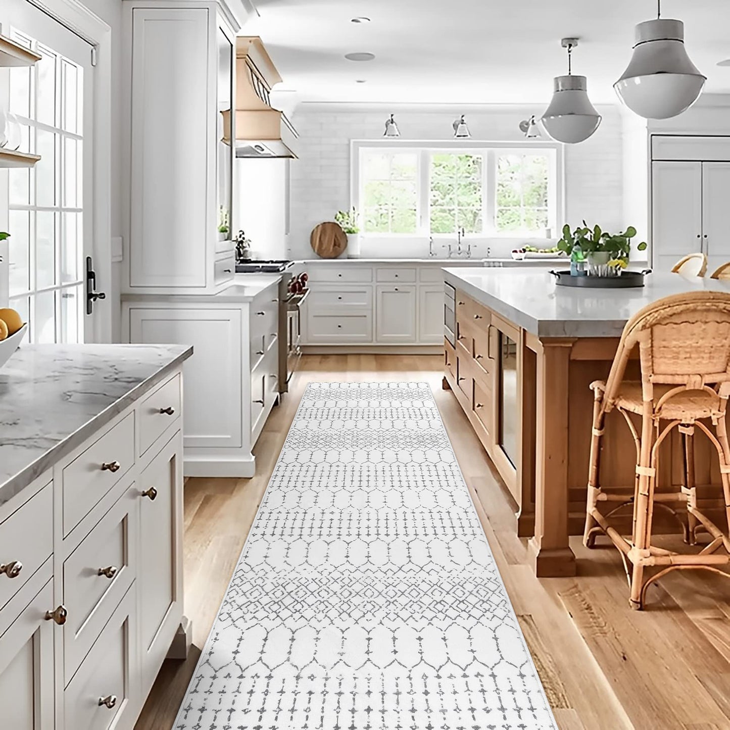 Lahome Moroccan Kitchen Runner Rug - 2x8 Non-Slip Washable Hallway Rug Runner Ultra-Thin Soft Throw Bathroom White Print Distressed Carpet for Entryway Laundry Room Living Room Hana
