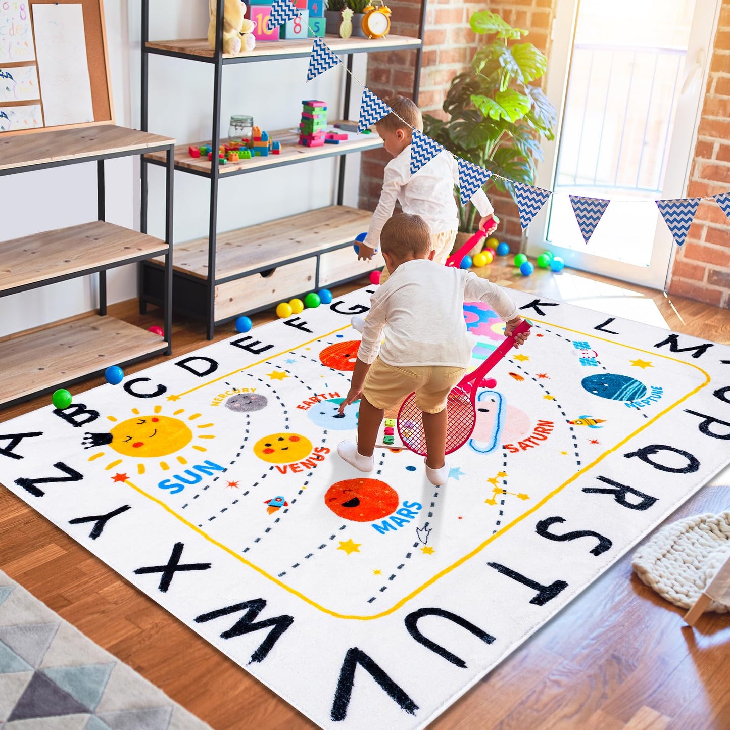 LTKOUGFAM ABC Space Kids Rug,4'11" x 6'7" Non-Slip Solar System Alphabet Rugs, Washable Rug, Soft Plush Educational Large Rug for Classroom playroom Bedroom Kids Room Decor(for Age 2+)