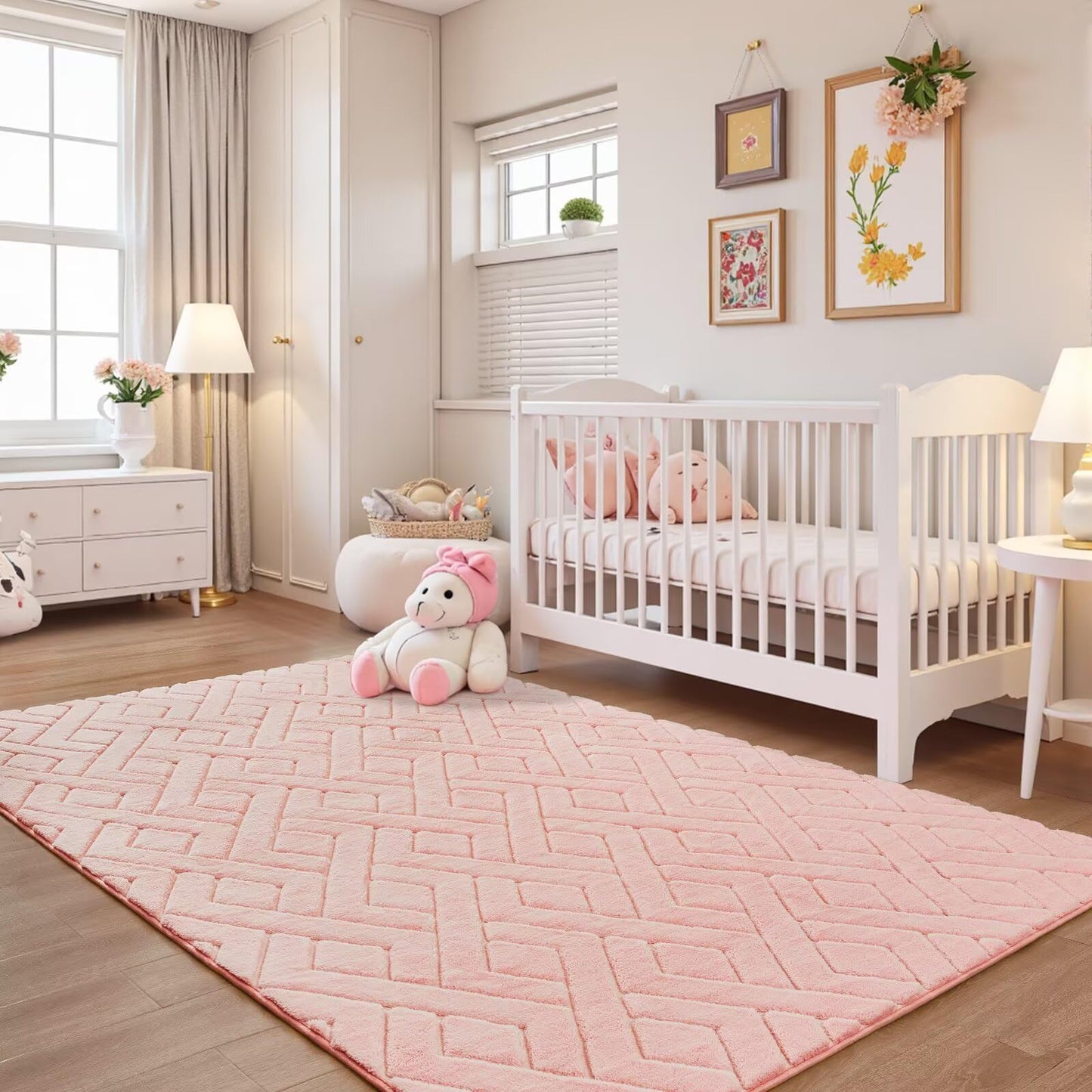 Flagover 4x6 Pink Washable Area Rug for Girls Bedroom, Modern Geometric Shag Non-Slip Living Room Rugs, Fluffy Plush Soft Memory Foam Carpet for Kids Room Nursery Room Dorm Bedside Decor