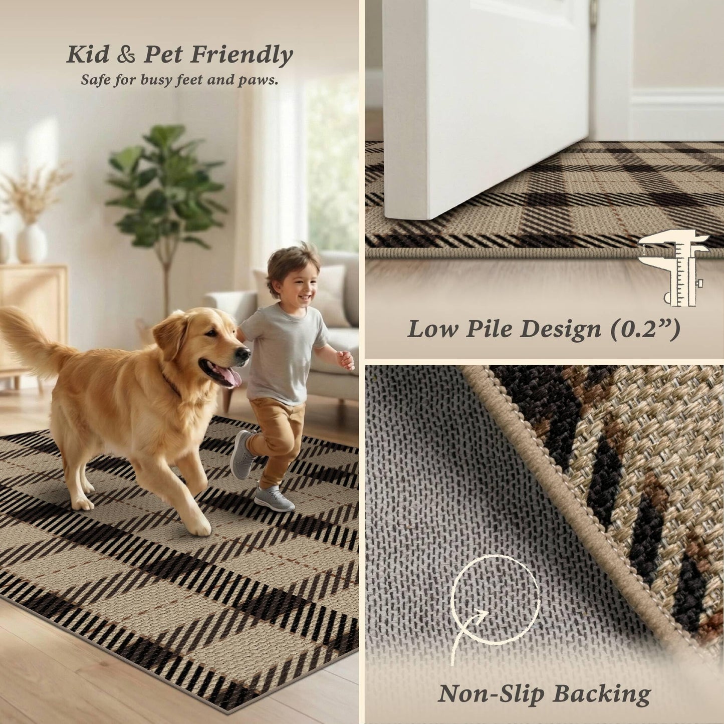 Easy Jute Farmhouse Area Rug 5x7, Washable Indoor Outdoor Plaid Rug, Black and Tan Rustic Woven Non Slip Carpet for Living Room, Entryway, Patio, Bedroom, Under Bed