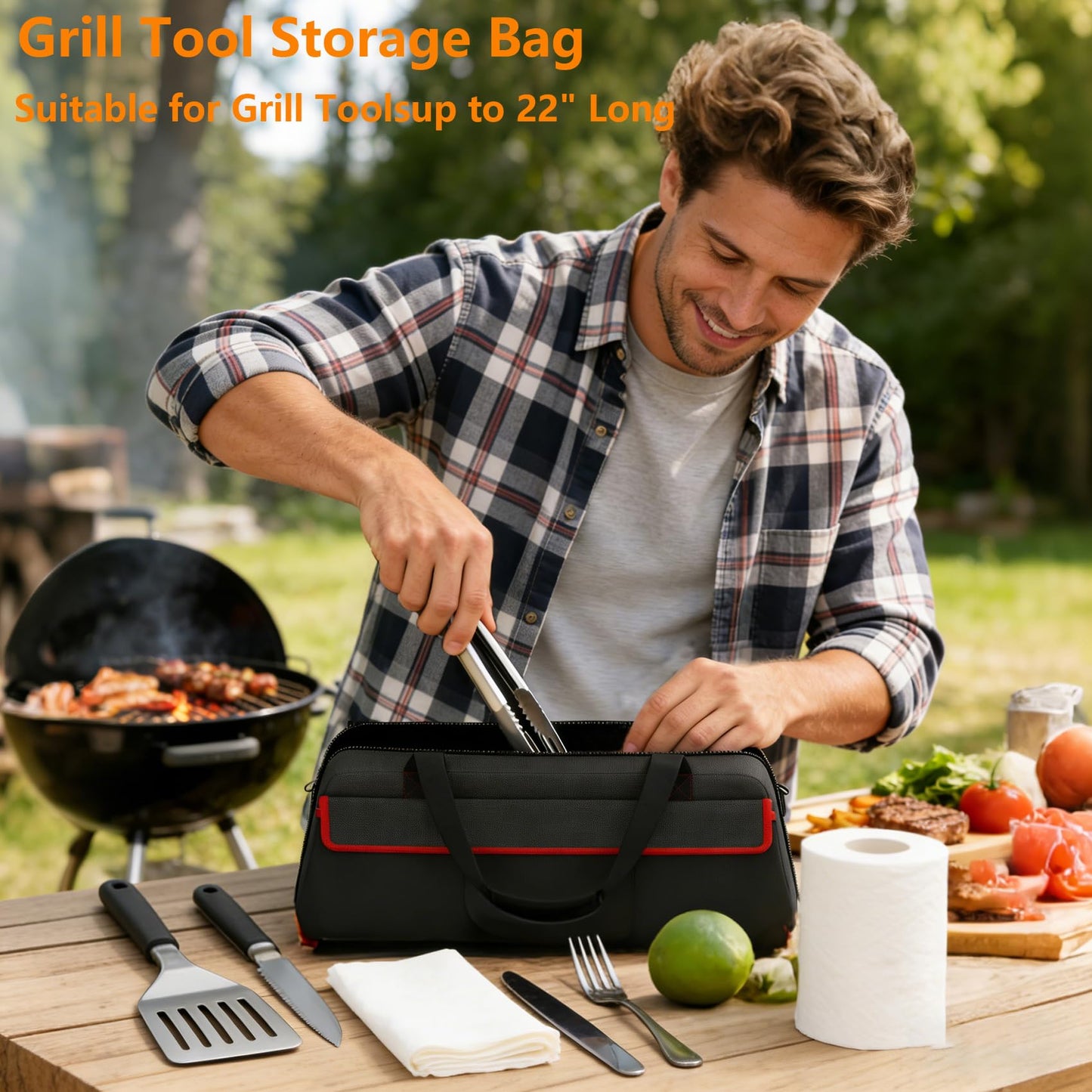 Grill Tool Storage Bag,Grill Utensil Storage Bag for Barbecue Tool up to 22",BBQ Utensil Storage Caddy with Pockets,Barbecue Utensil Case for Outdoor Grilling, Camping, Bag Only