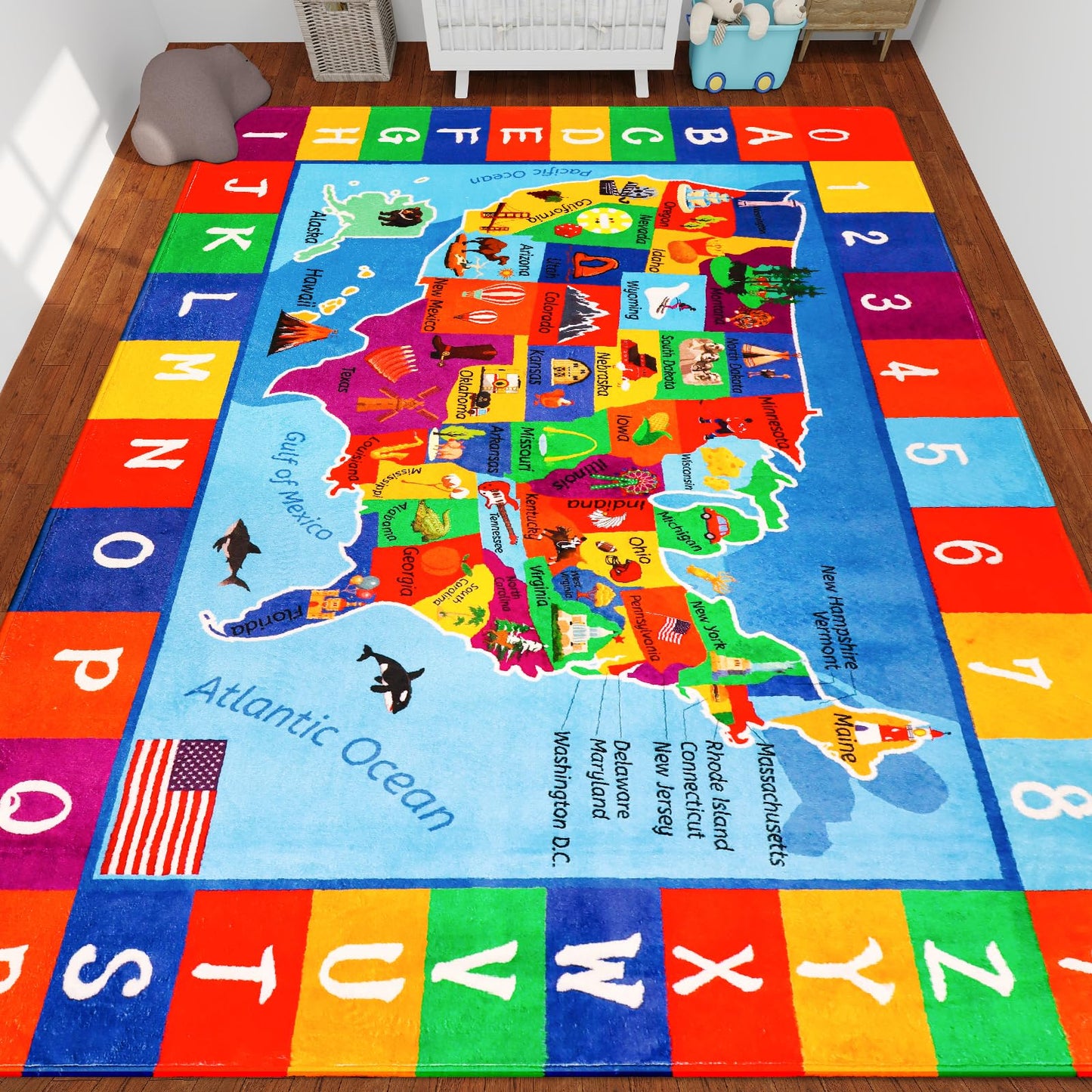 LTKOUGFAM USA Map ABC Kid Rug 39.4" × 63" for Playroom Geography Classroom Rug Educational Kids Playmat Alphabet Mat for Primary School Fluffy Ployester Non-Slip Preschool Carpet for Room