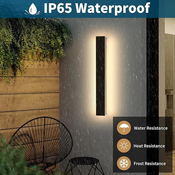 23.6inch Modern LED Wall Sconce, 3000K Warm White Outdoor Lights, IP65 Waterproof, Black Aluminium, Minimalist Wall Light Fixture, AC 85-265V, 24W, Wall Lamp for Yard, Patio, Garage, Porch