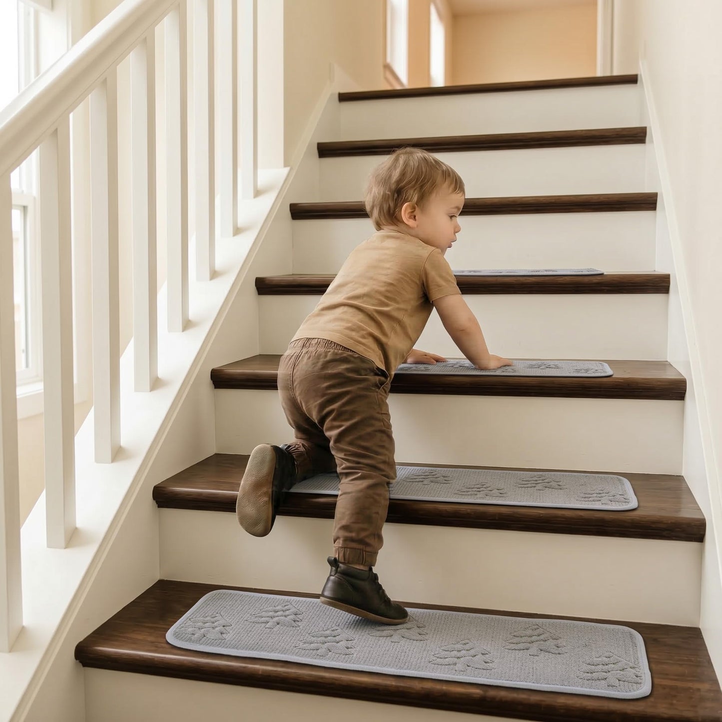 Peel and Stick Stair Treads for Wooden Steps 15 Pack 8x30 Inch, Staircase Step Treads 3D Embroidery Soft Plush Stair Runners with Silicone Grip Backing, Friendly Anti Alip Stair Treads for Dogs Greige