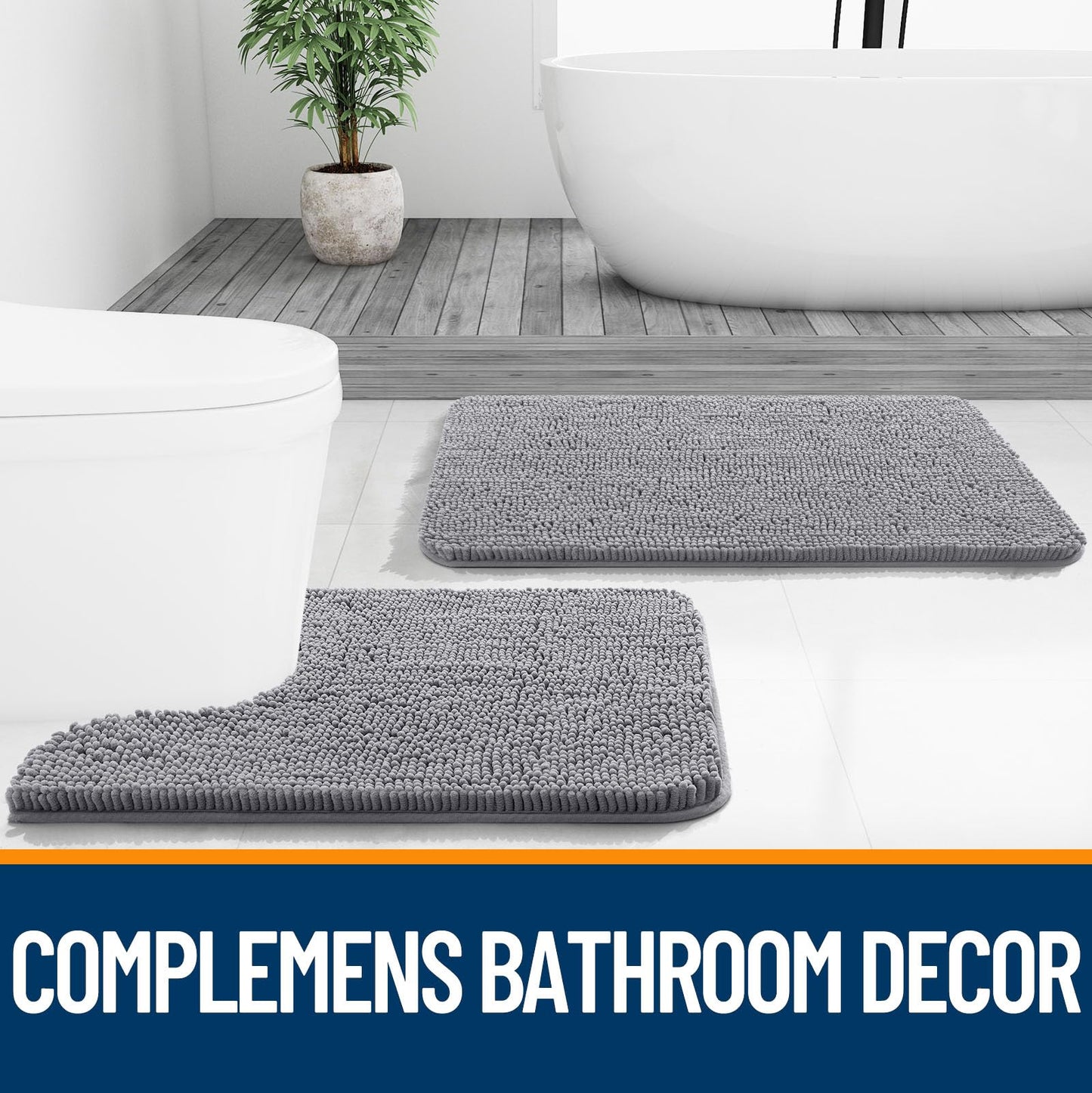 OLANLY Small Bathroom Rugs 24x16, Extra Soft Absorbent Chenille Bath Rugs, Rubber Backing Quick Dry, Machine Washable Bath Mats for Bathroom Floor, Tub and Shower, Home Decor Accessories, Grey