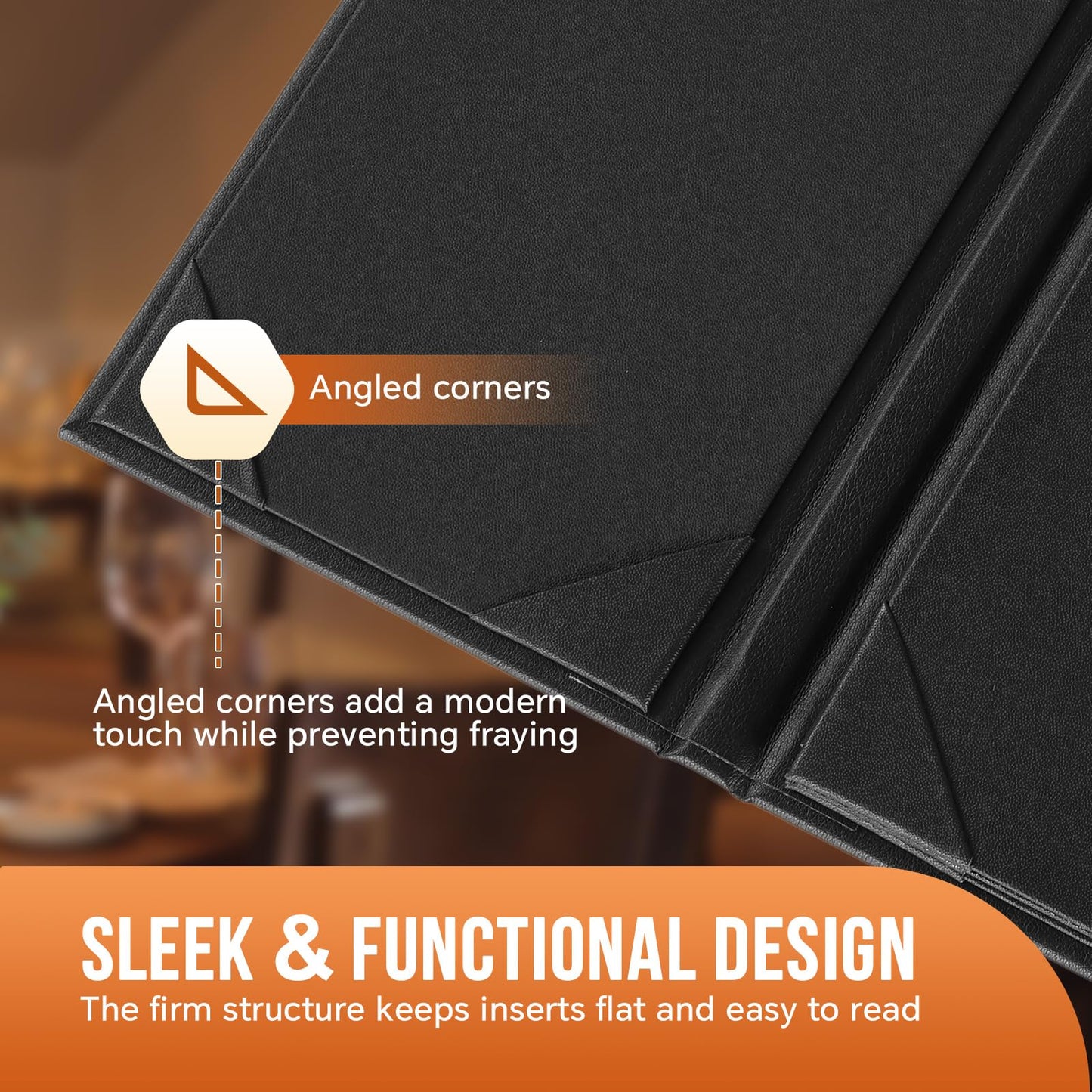 MYFULLY Restaurant Menu Holders 4.25" x 11", 12 Pack Black PU Leather Single Panel Menu Covers with Angled Corners for Restaurant, Bar, Coffee Shop, Wine List (4 View)