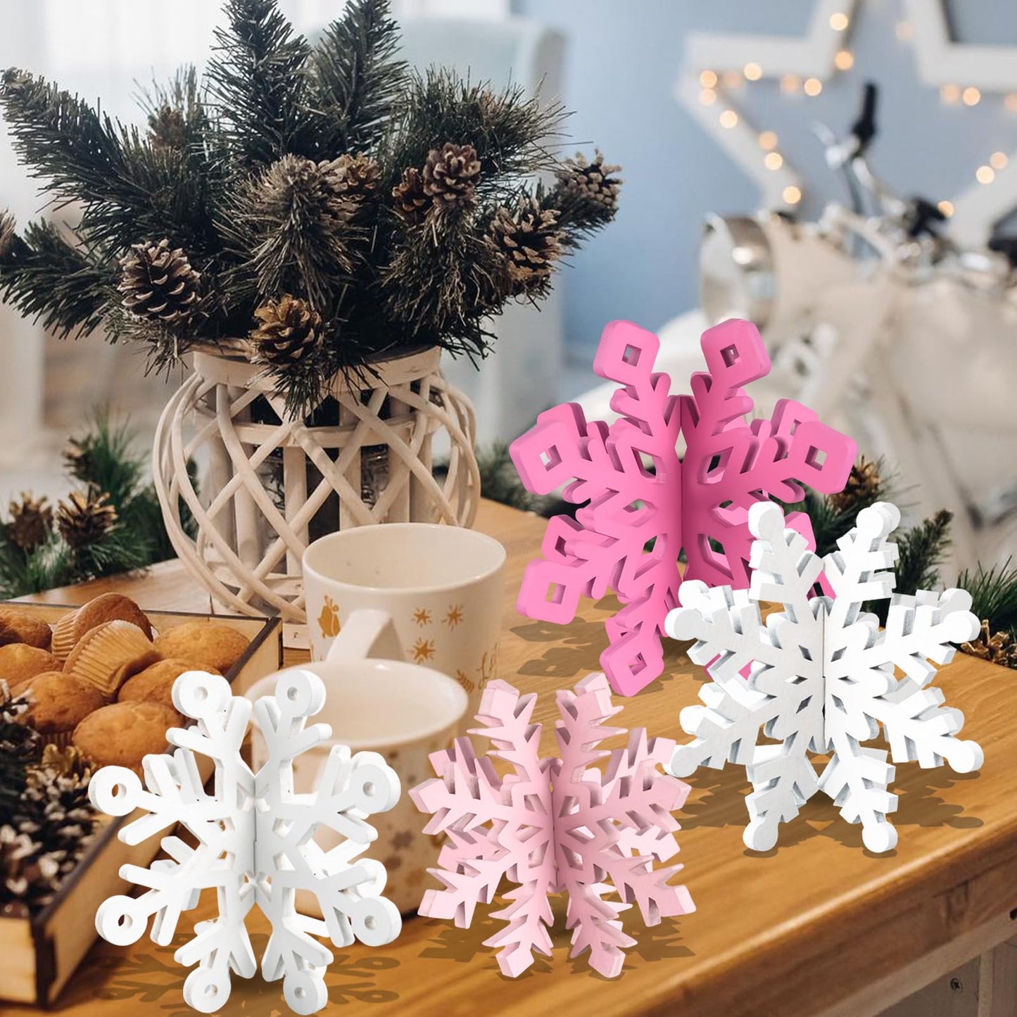 OuMuaMua 12 Set Snowflake Christmas Table Decorations - 24pcs Pink White Wooden 3D Snowflake Decor Tabletop Centerpieces for Christmas Party Supplies Home Decor