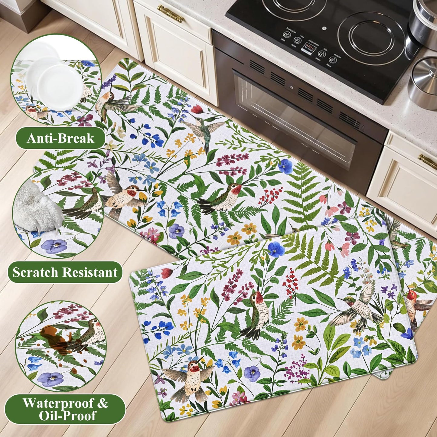 Yinhua White Kitchen Mats for Floor Sets of 2, Floral Anti Fatigue Mats for Kitchen Floor Rug Cushioned, Farmhouse Kitchen Rugs Non Slip, Bird Waterproof Mat for Laundry Office, 17.3"×30"+17.3"×47"