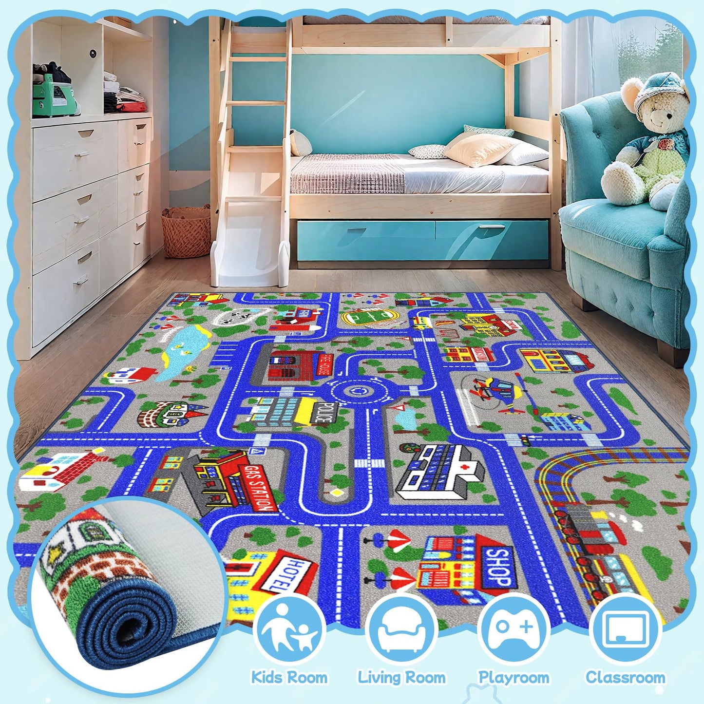 Ythropon Kids Rug Car Play Mat 6.6'x5.0',Blue Kids Rug for Toy Cars,Non-Slip Town City Map Carpet Play Mat,Traffic Road Kid Educational Learning Car Rugs for Children Room Playroom Nursery