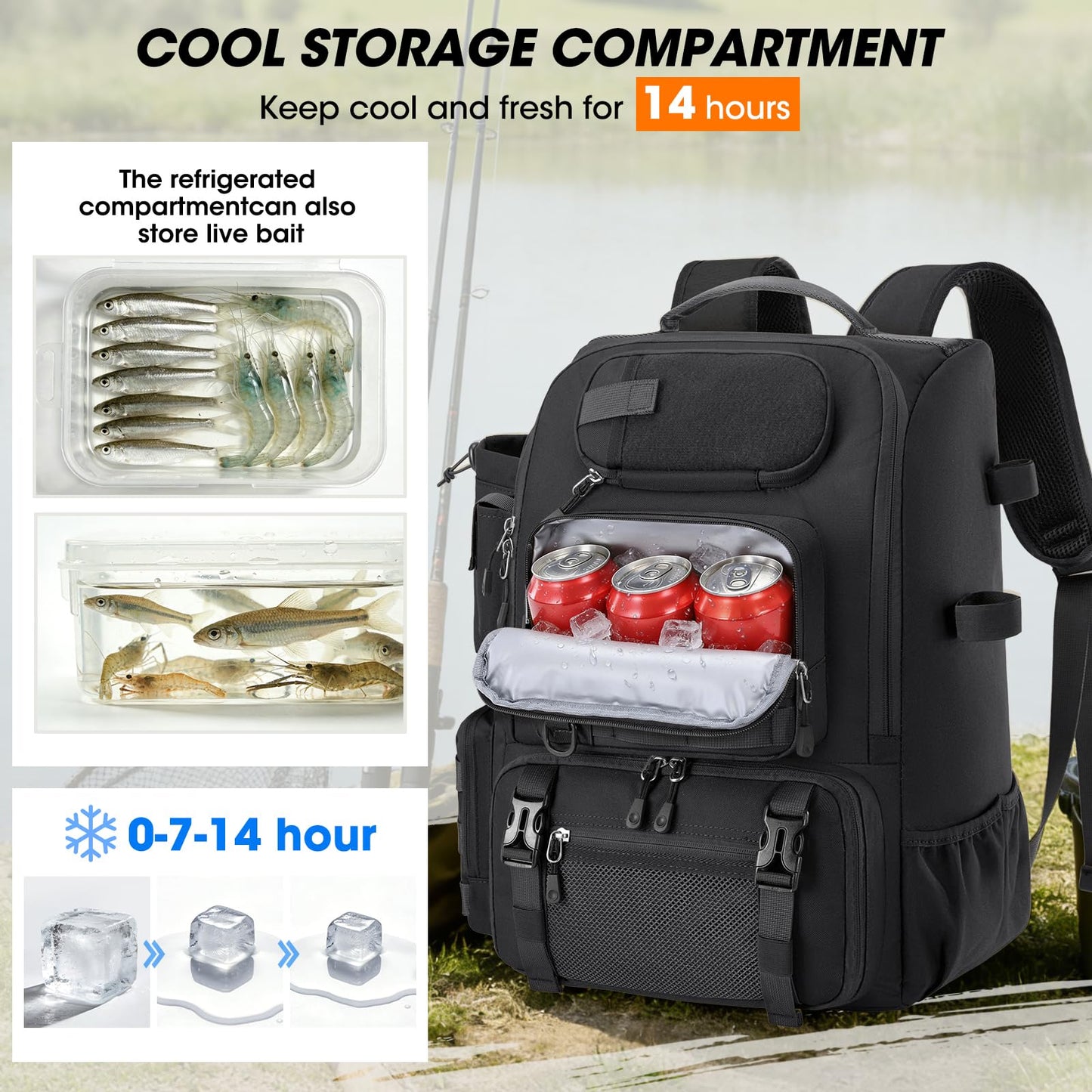 RAINSMORE 40L Fishing Backpack with Rod Holders & Cooler Compartment Water-Resistant Fishing Tackle Backpack with Rain Cover, Fits 4 x 3600 Boxes, Outdoor Gear Pack for Fishing & Camping