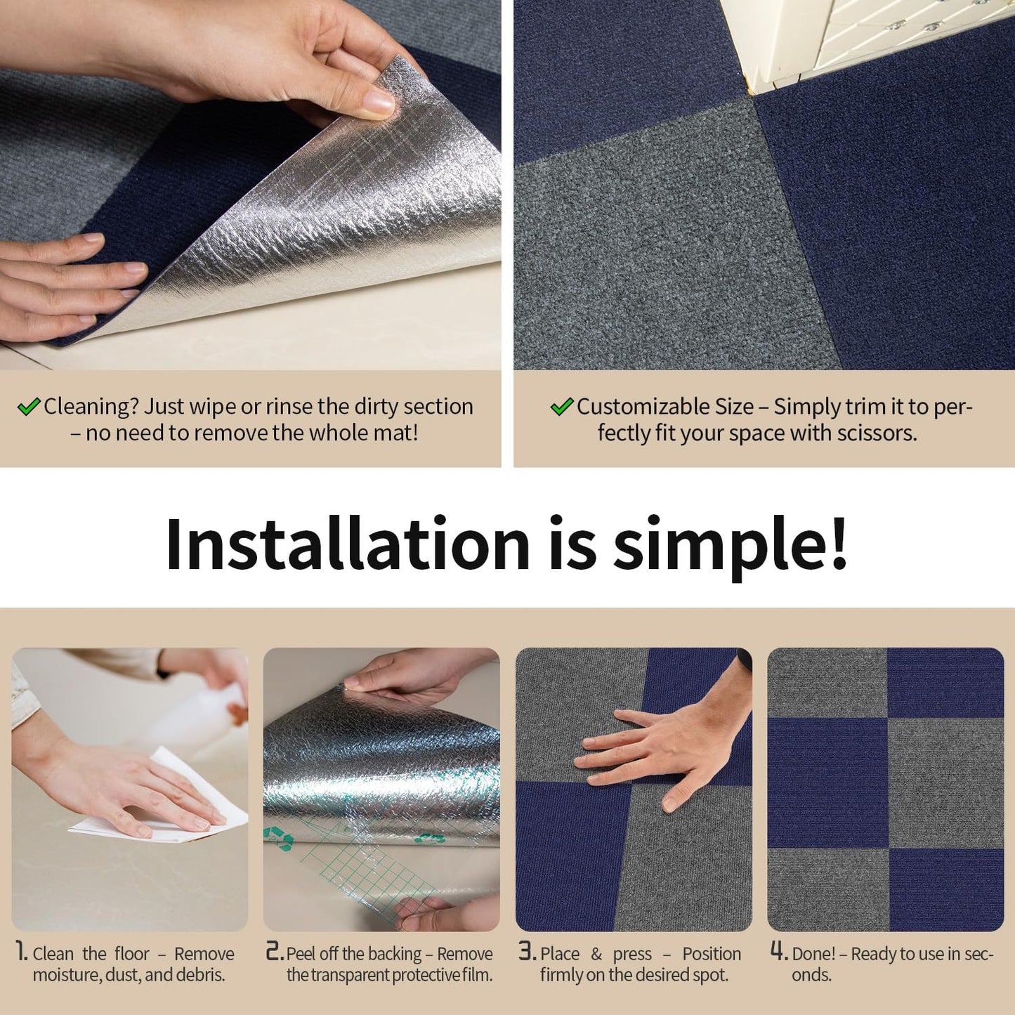 AKIVIDA Carpet Tiles Peel and Stick, 12”x 12” Non-Slip Self Adhesive Squares Carpet Floor Tile, 10Pcs DIY Reusable Waterproof Carpet for Living Room Bedroom