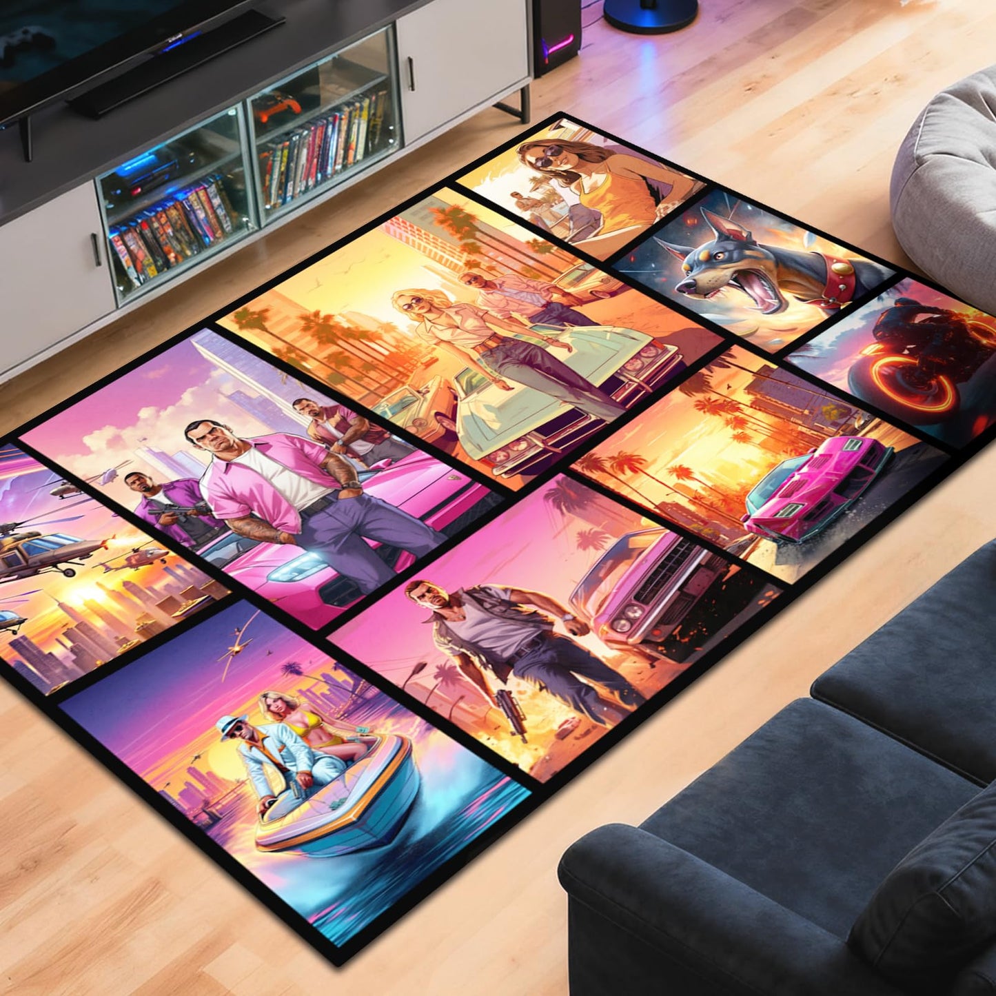 Gaming Area Rug Teen Boys Carpet, Non-Slip Comic Splicing Style Rug with Upgrade Rubber Backing, Stain Resistant Faux Wool Distressed Carpet for Game PlayRoom, Bedroom, Living Room (Autos, 79" x 59")