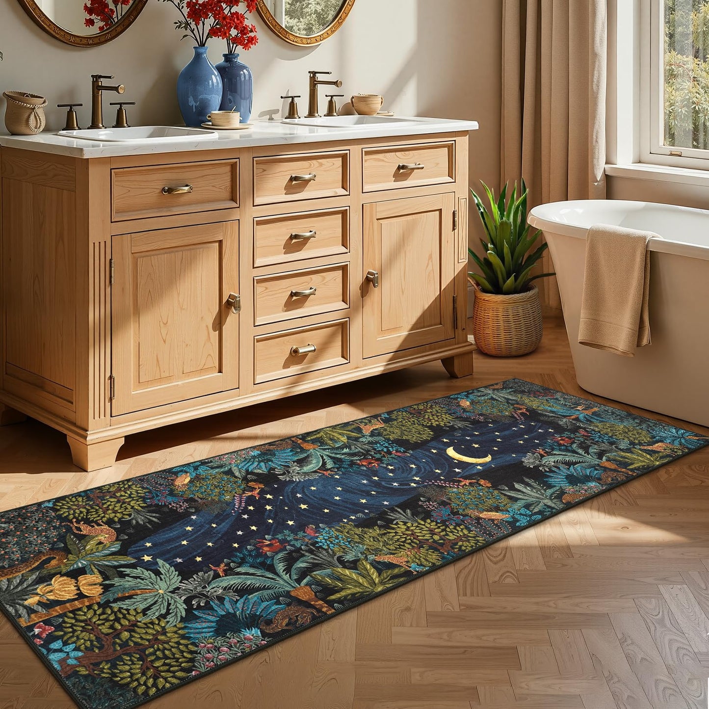 GarveeHome 2.5x8 Jungle Hallway Runner Rug, Soft Green Animal Long Kitchen Runner Non Slip Entryway Rug Farmhouse Thin Laundry Mat Stain Resistant Carpet for Bathroom Beside