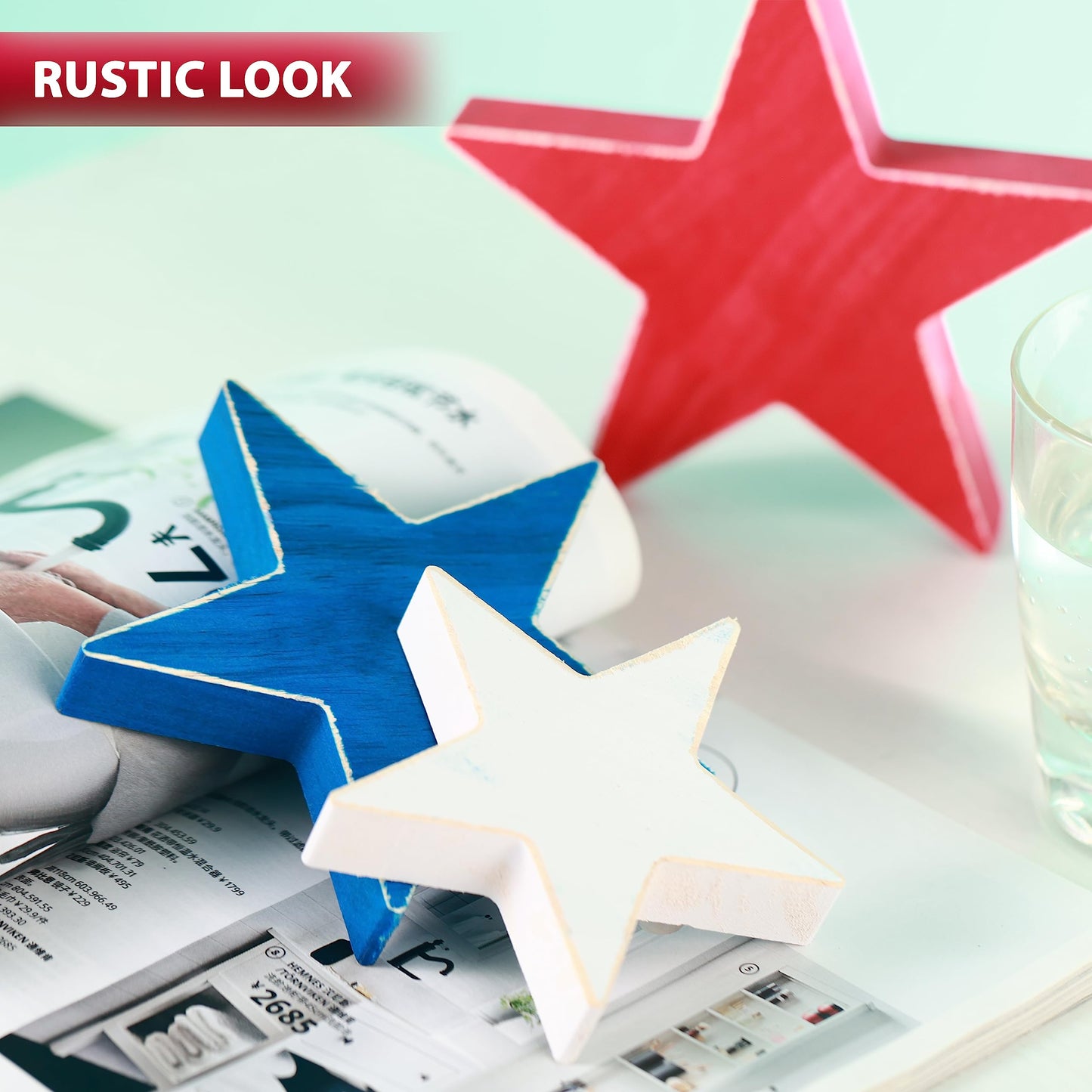 HH Family 4th of July Décor Handmade Rustic Patriotic Wood Stars - Set of 3, Red, White & Blue, Double-Sided Table Signs for Independence Day Decorations (Star1)