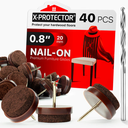 Nail-on Felt Pads X-PROTECTOR 40 PCS - 0.8" Felt Furniture Pads - Brown Chair Leg Floor Protectors - Nail in Furniture Pads for Furniture Legs - The Best Chair Pads for Hardwood Floors (20mm)!