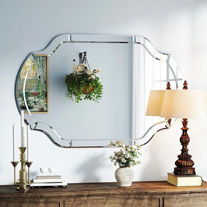 Large Oval Decorative Mirrors, 47" x 32" Living Rroom Mirror with Mirrored Frame, Accent Beveled Mirror for Dining Room Bathroom Bedroom Entryway, Vanity Mirror Hang Horizontally or Vertically
