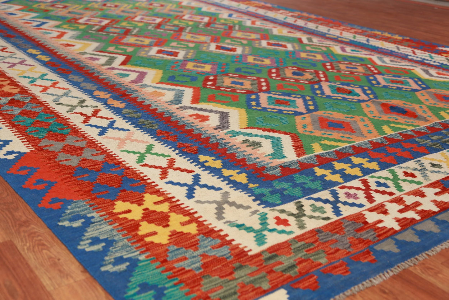 Rug Source Southwestern Style Collection Large Rugs (Palace Sized) Kilim Rectangle Rug, Hand Woven Green All-Over Rug, Oriental 100% Wool Carpet for Bedroom, Living Room, Dining Room