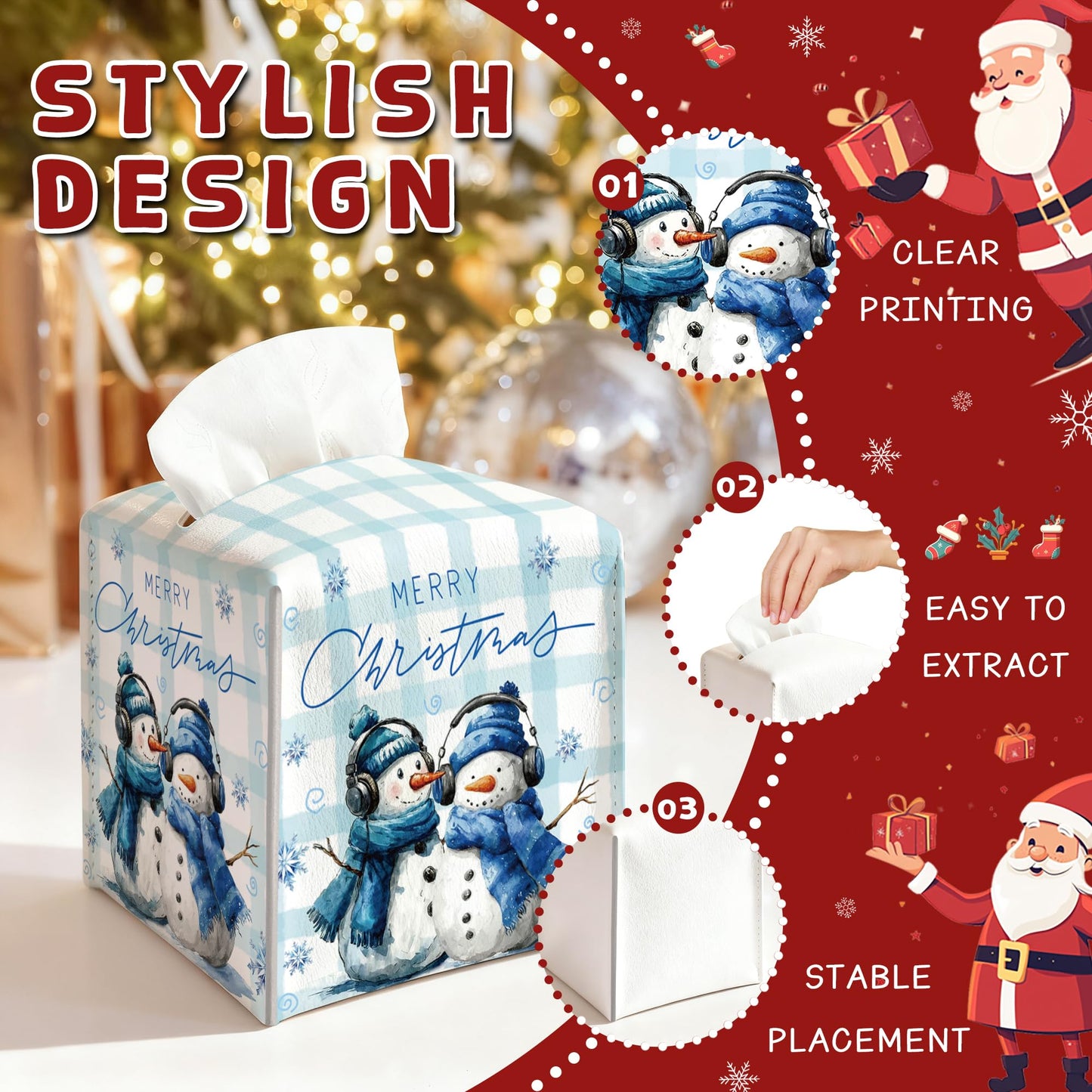 Christmas Snowman Box Cover Square, Blue Checkered Decorative Tissue Box Holder, Waterproof Leather Tissues Boxes Dispenser for Bathroom, Office, Car, Bedroom Nightstand, Home Decor
