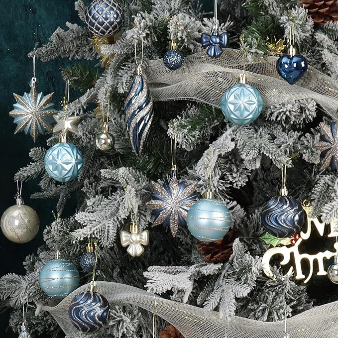 82Pcs Blue and Gold Christmas Ornaments Set,Plastic Assorted Christmas Decorations for Tree Shatterproof Baubles Snowflake Xmas Ball Ornaments for Holiday Party Decor (Blue&Gold)