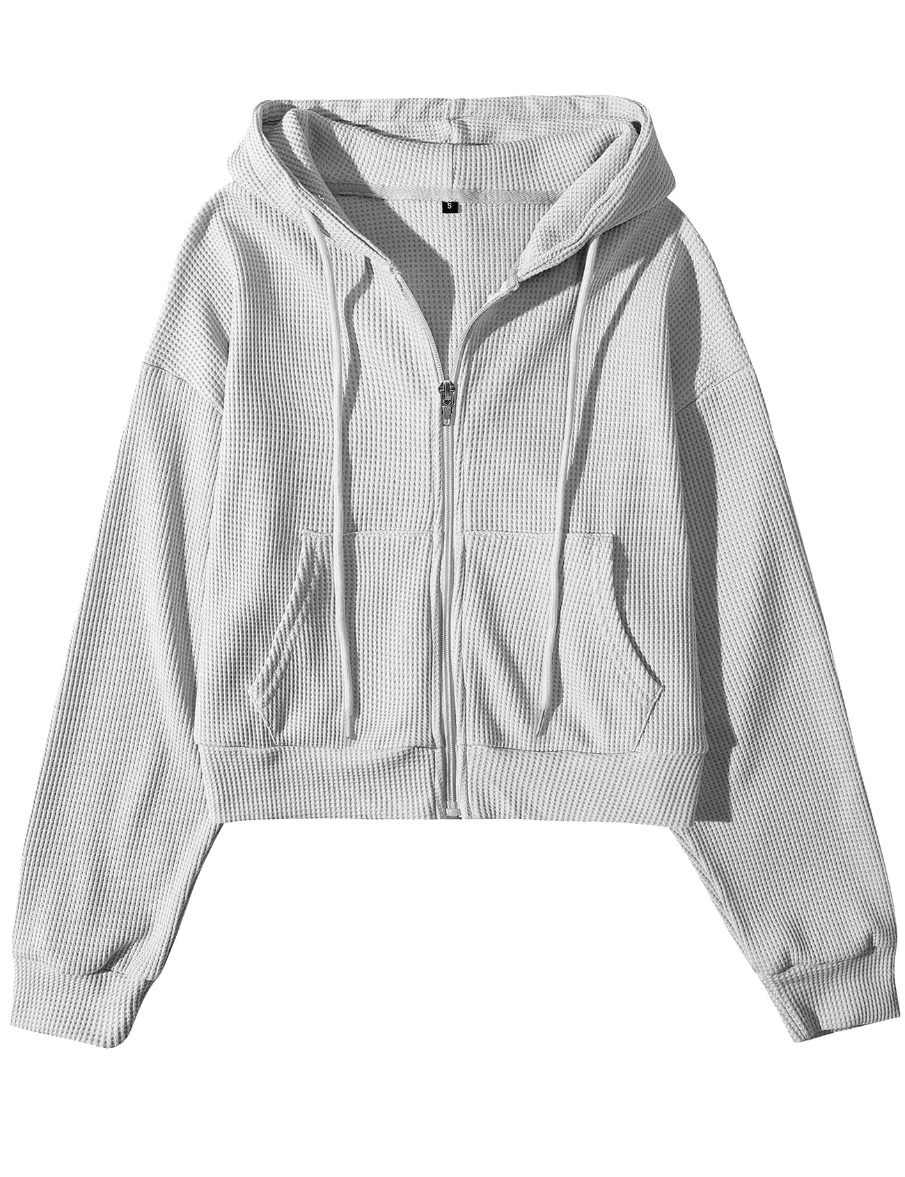 Yimoon Zip Up Hoodie Women Cropped Waffle Knit Vintage Sweatshirt Casual Jackets Long Sleeve Hooded with Pockets(Grey-S)