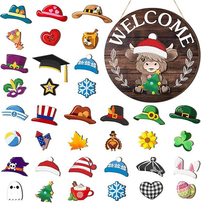 35 Pcs Christmas Interchangeable Highland Cow Welcome Sign Highland Cow Seasonal Wooden Hanging Door Decor Thanksgiving Farmhouse Hanging Sign for Front Door Xmas Party Decoration Gift