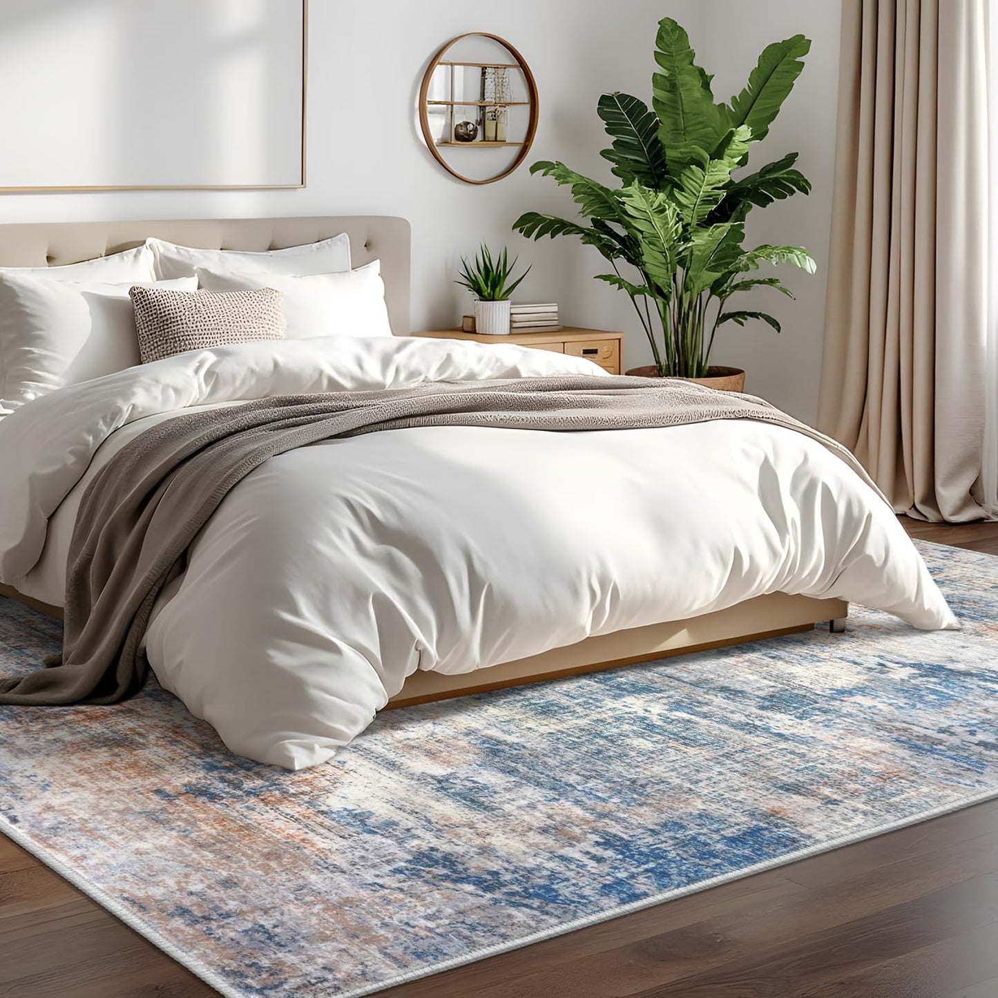 IOHOUZE Abstract Area Rugs 6x9 Ft Washable Rugs for Living Room, Non Slip Dining Room Rug, Printed Faux Wool Rugs for Bedroom, Floor Carpet for Office Nursery Playroom, Blue Rust