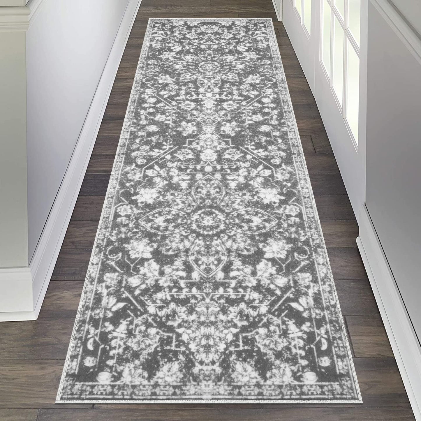 Pauwer Vintage Flower 2'X6' Runner Rug Distressed Runner Rug Non Slip Hallway Runner Washable for Kitchen Living Room Bedroom Entryways Hallways (Grey, 2'X6' Ft)