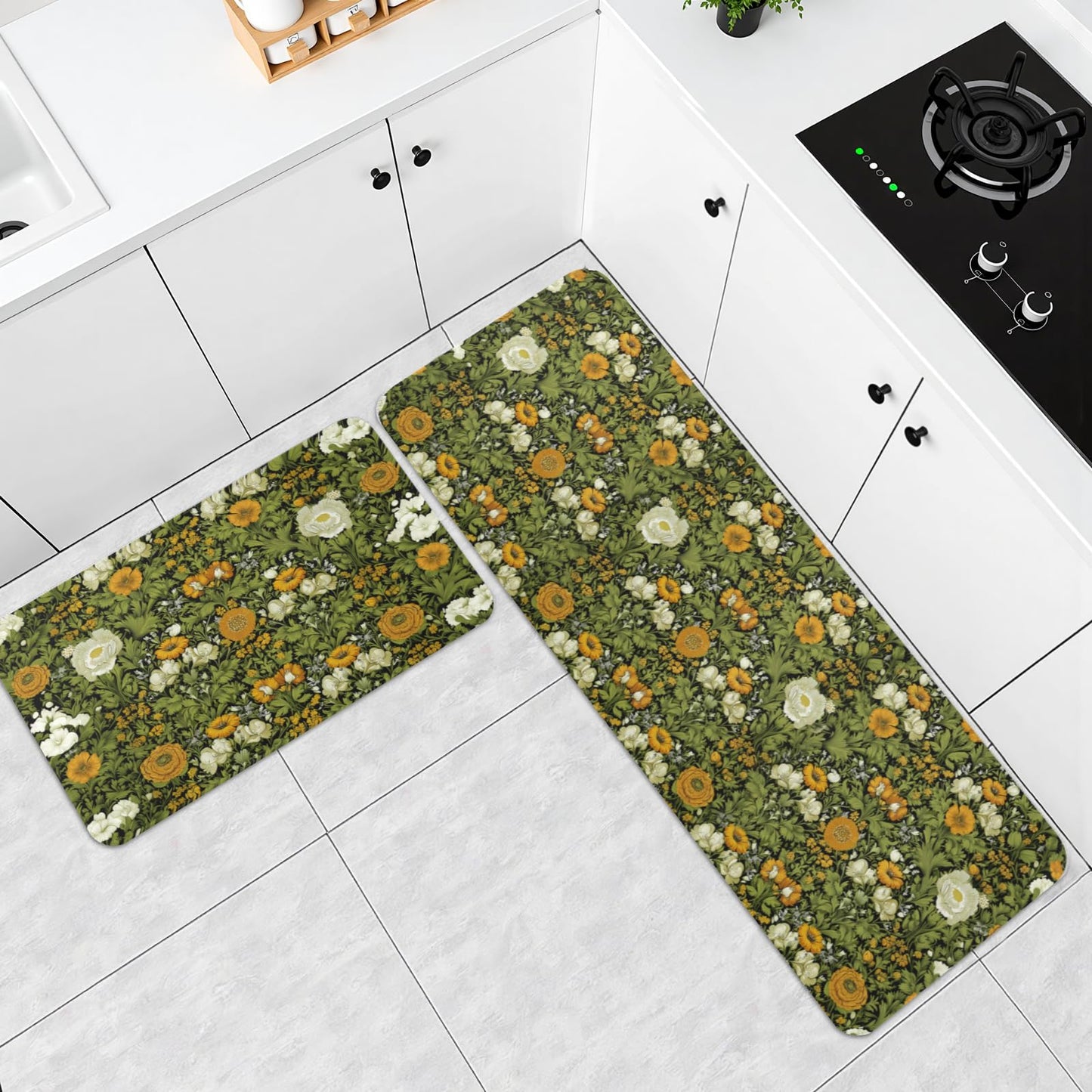 Wualmondor Dark Green Kitchen Rugs Set of 2 Floral Print Kitchen Mats 17"x47"+17"x30" Low Pile Washable Non Slip Rubber Backing Floor Mats for Sink Laundry Home
