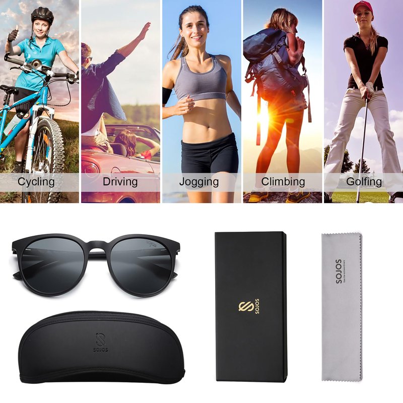 SOJOS Oversized Round Polarized Sports Sunglasses for Women Men, Ultralight TR90 Womens Mens Sport Sunglasses SJ2092, Matte Black Frame/Grey Lens with Black Nose Pads